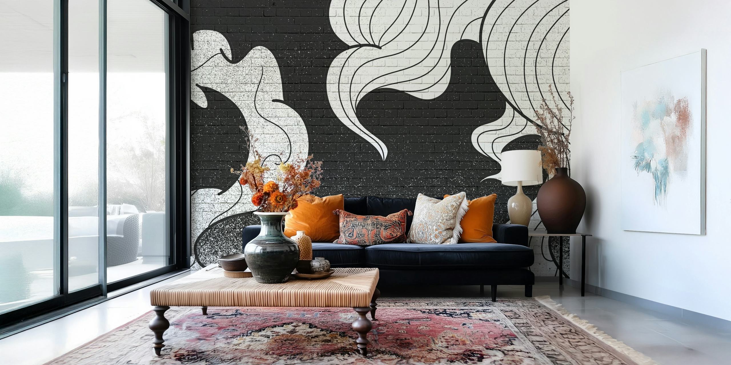 Monochromes Wandgemälde mit Rauch-Graffiti-Muster für modernes Dekor