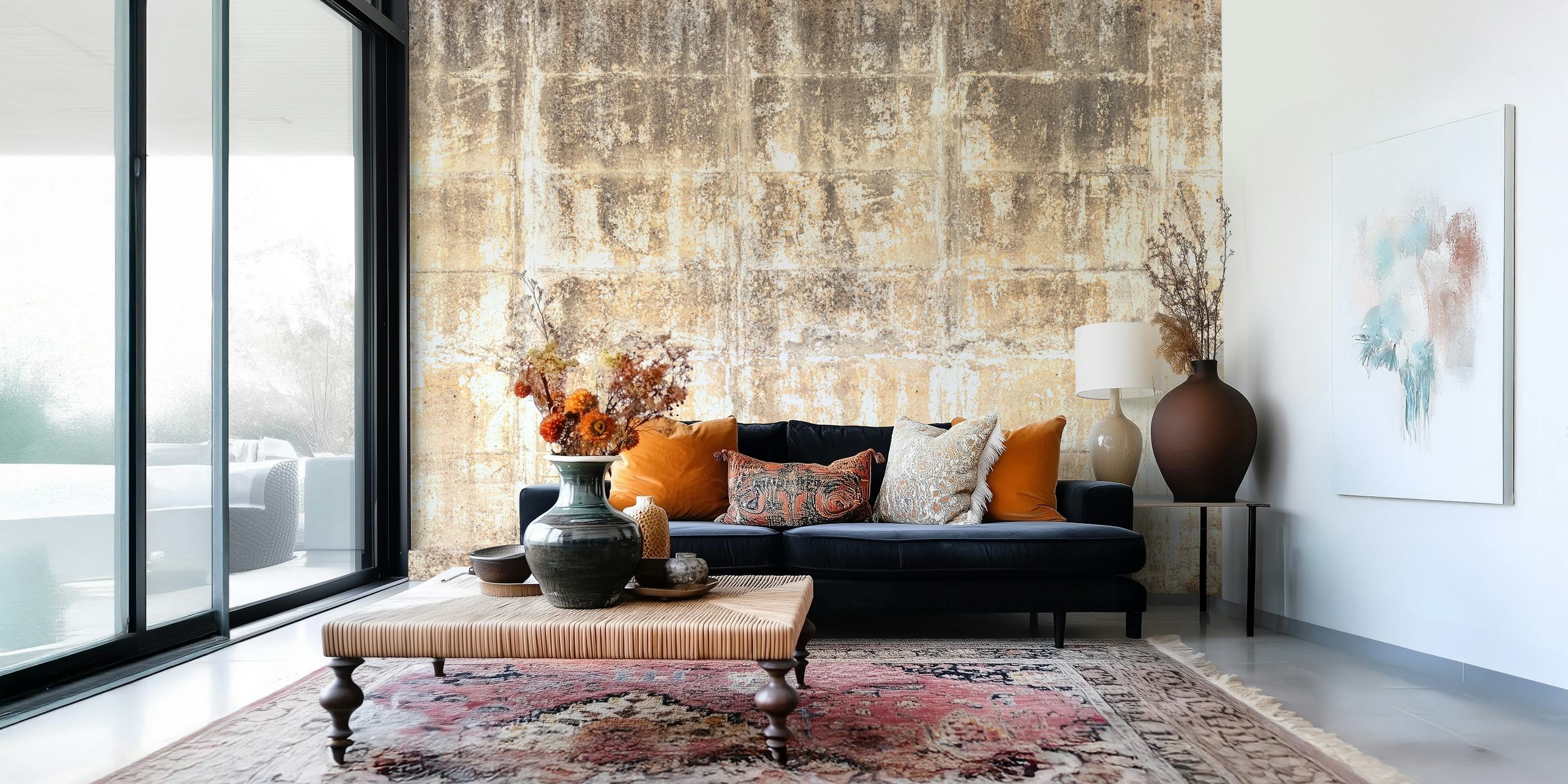 Distressed textured panels in grey tones wallpaper