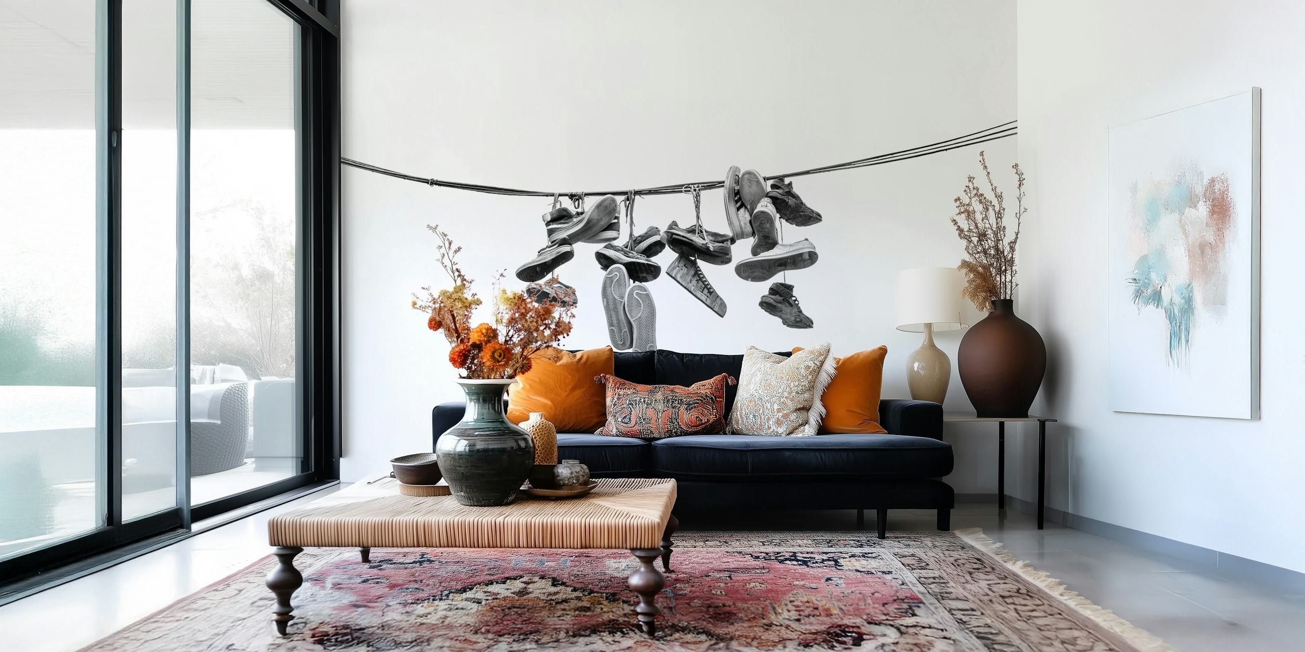 Wallpaper design with shoes hanging on a wire
