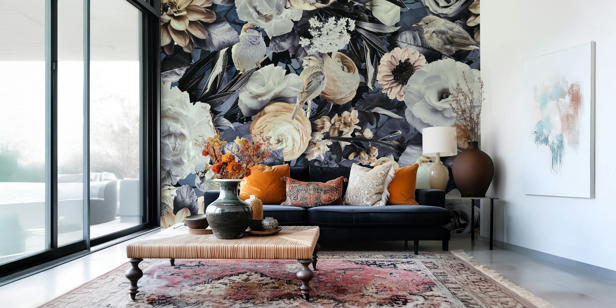 Papier peint Moody Flowers And Birds dans une pièce