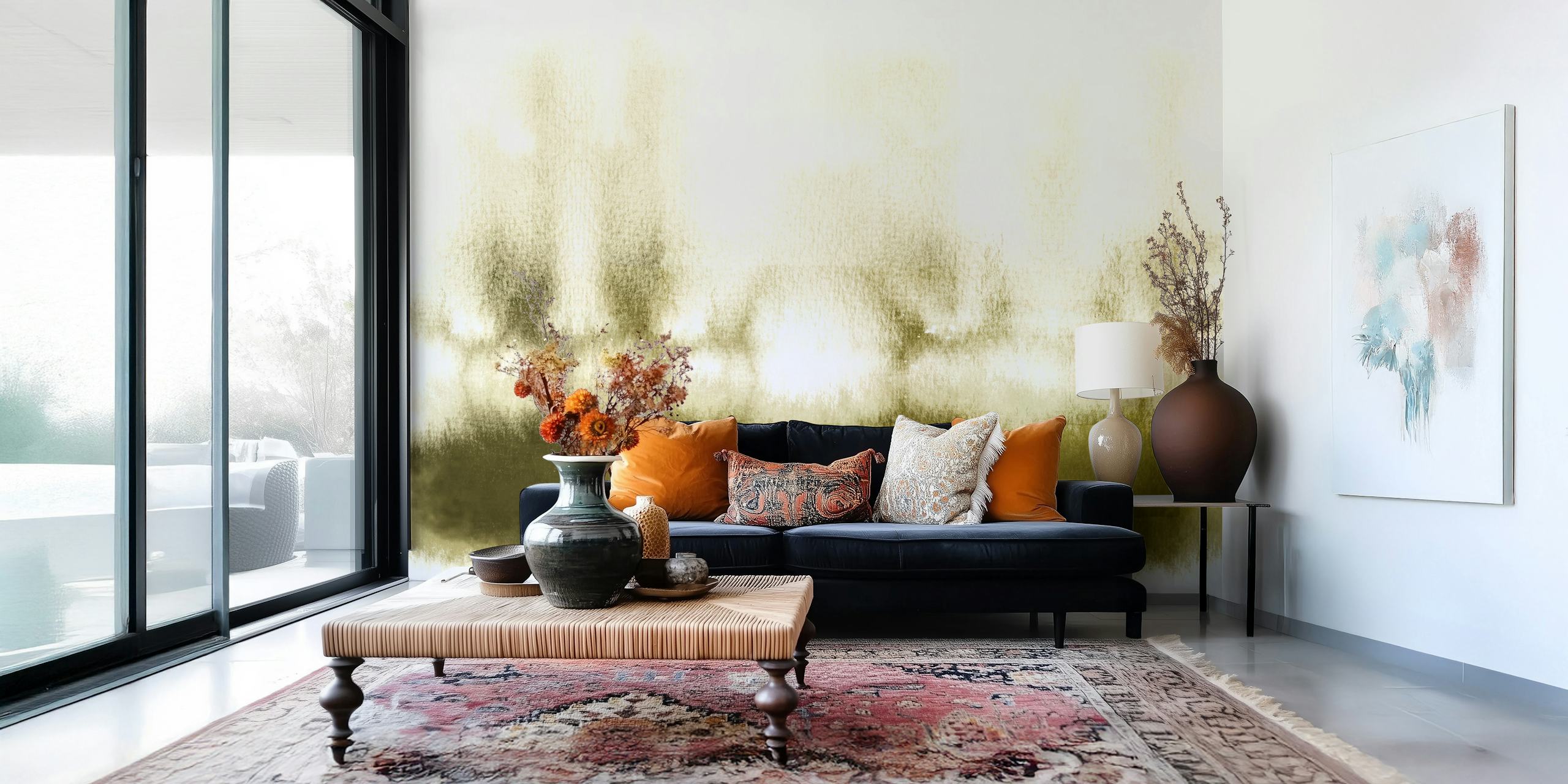 Vihreä vesiväriseinä näyttelyssä huoneessa