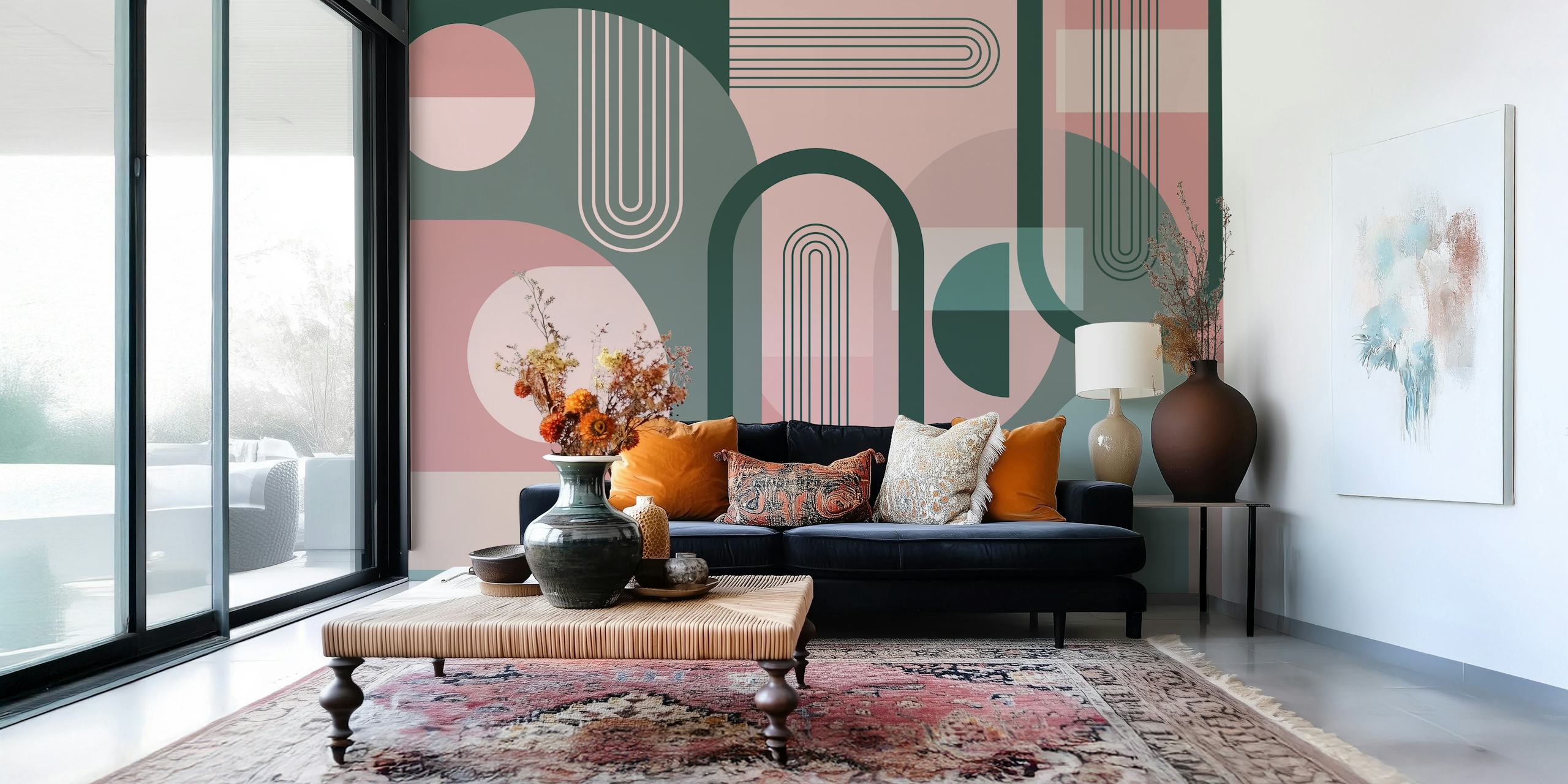 Abstract geometric shapes in pink and green wallpaper
