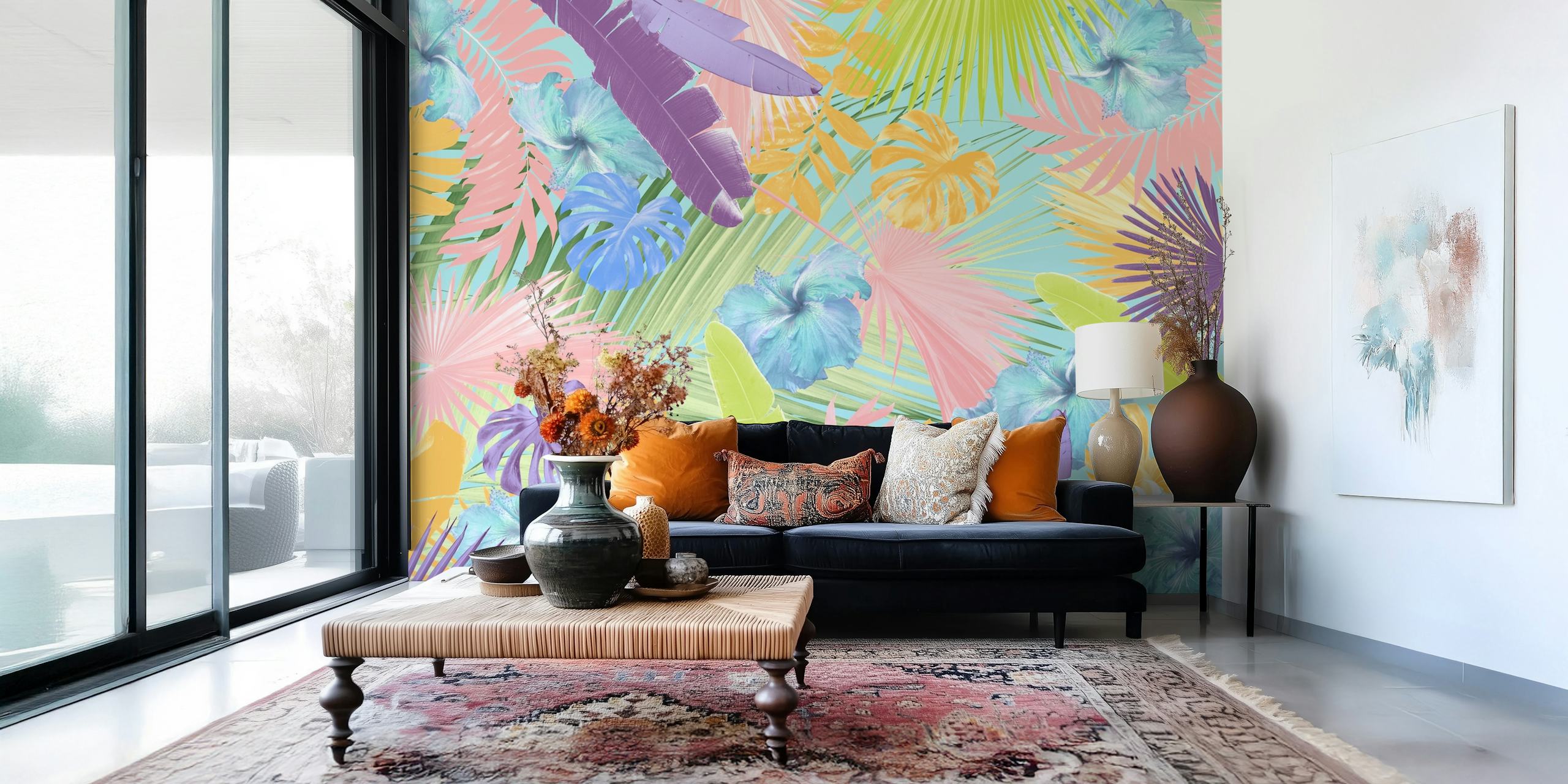 Colorful tropical floral design with pastel hibiscus and leaves wallpaper