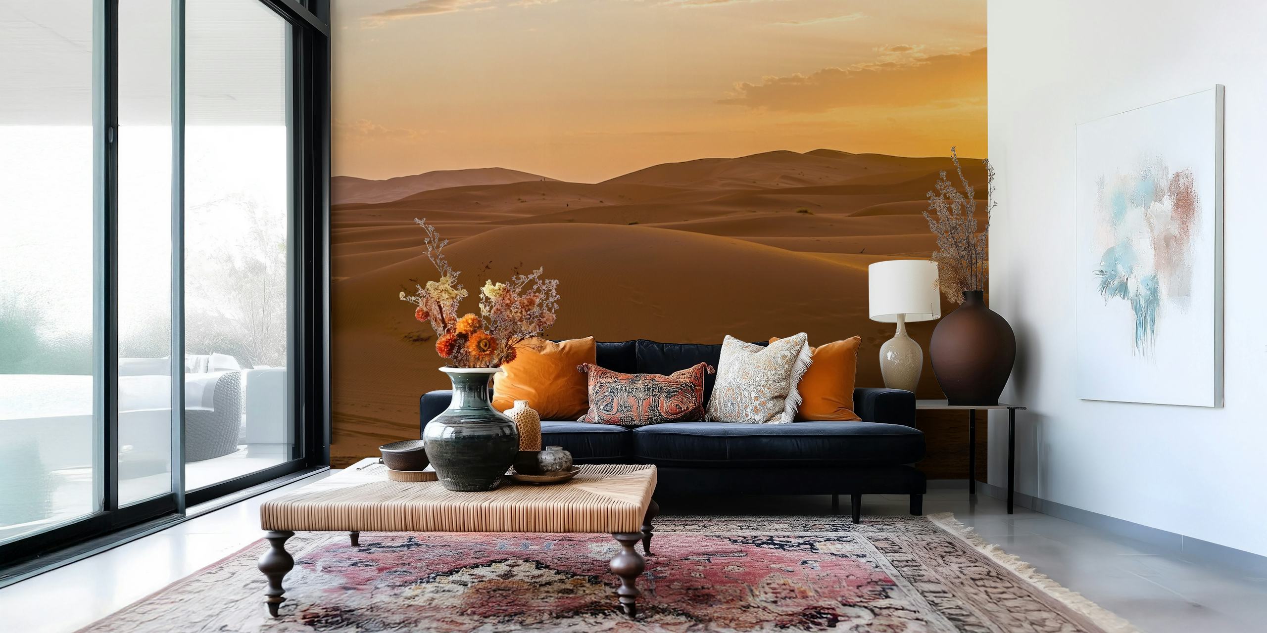 Golden sunset over rolling sand dunes in a Moroccan desert wall mural