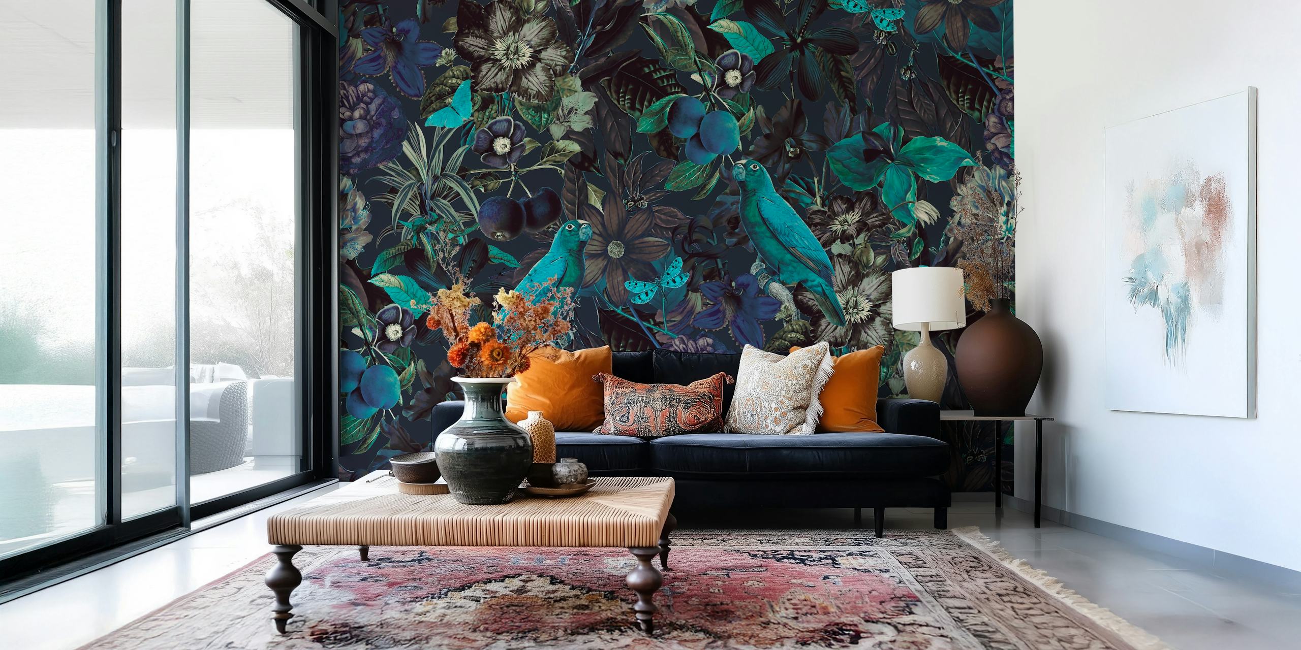 Tropical floral pattern with teal birds and dark flowers wallpaper