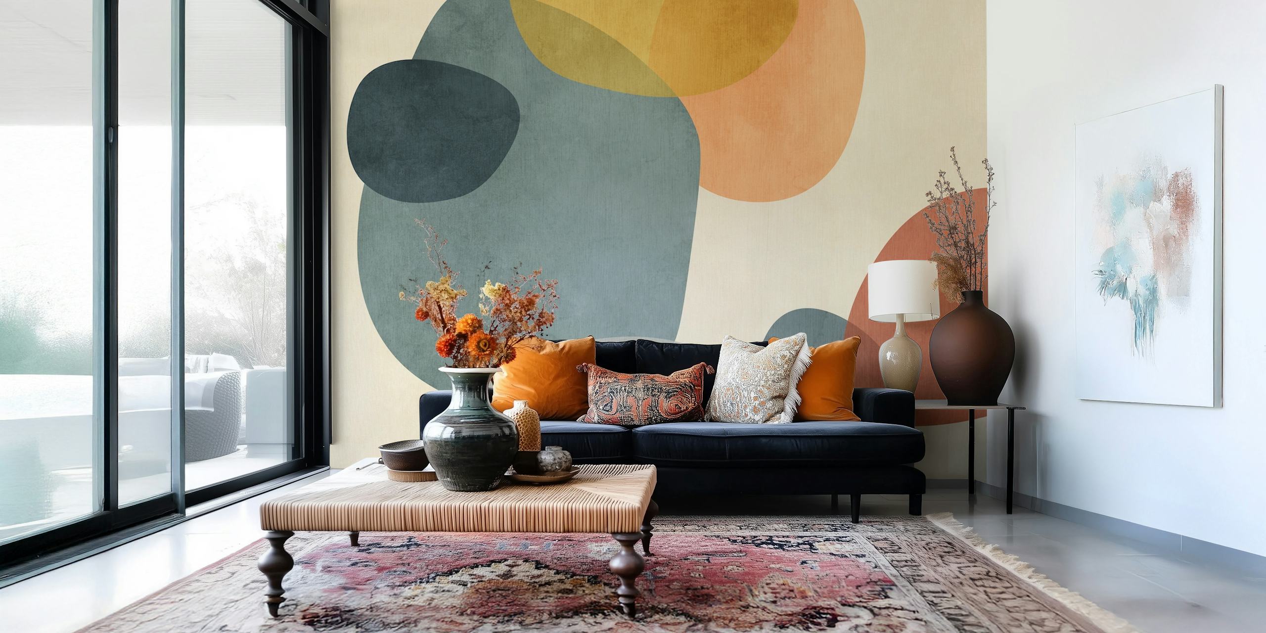 Abstract shapes in teal, orange, and gray patterned wallpaper