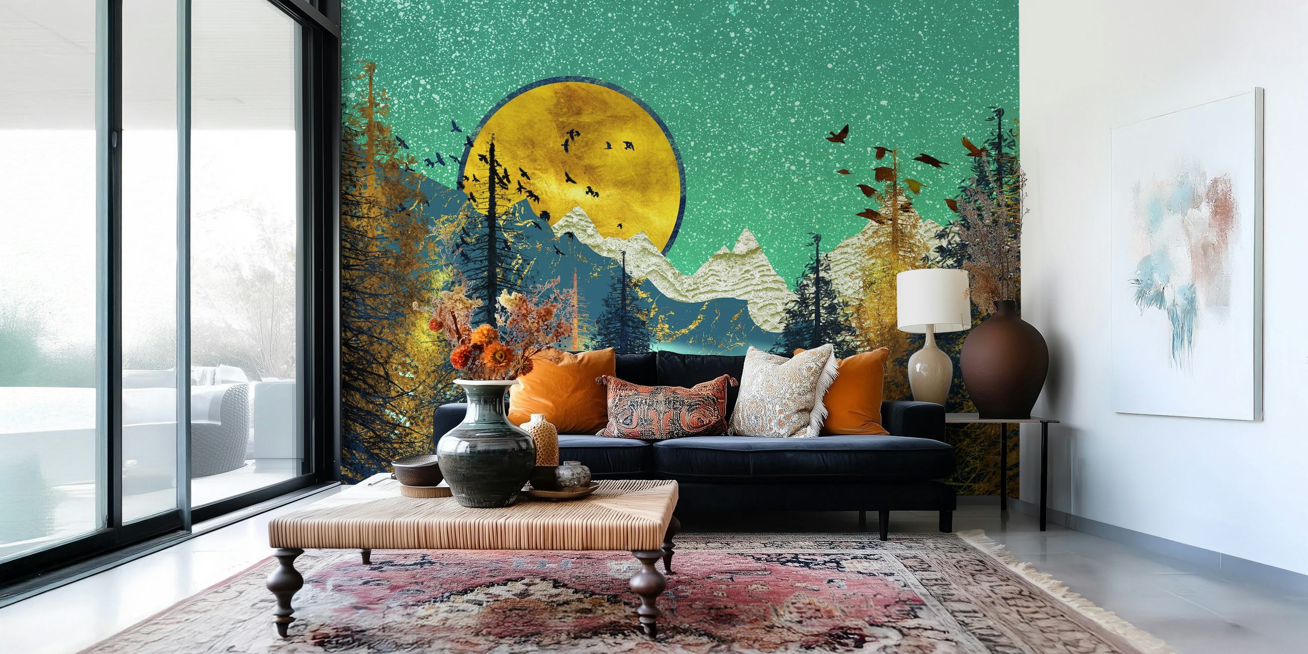 Blue and gold mountainous landscape mural with rising moon