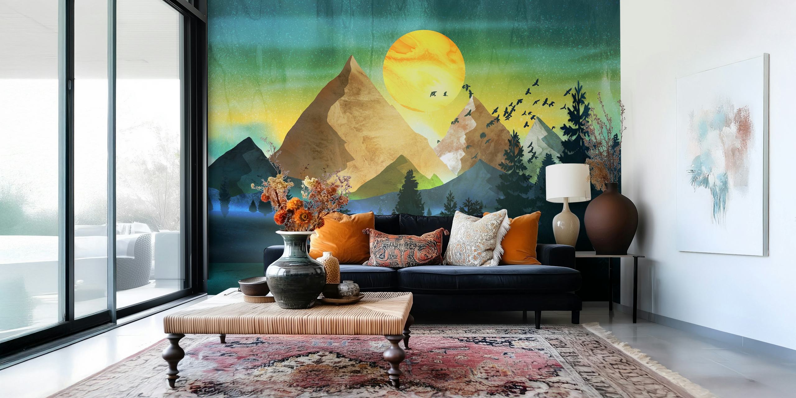 Mountain landscape with birds flying, sunset hues wallpaper