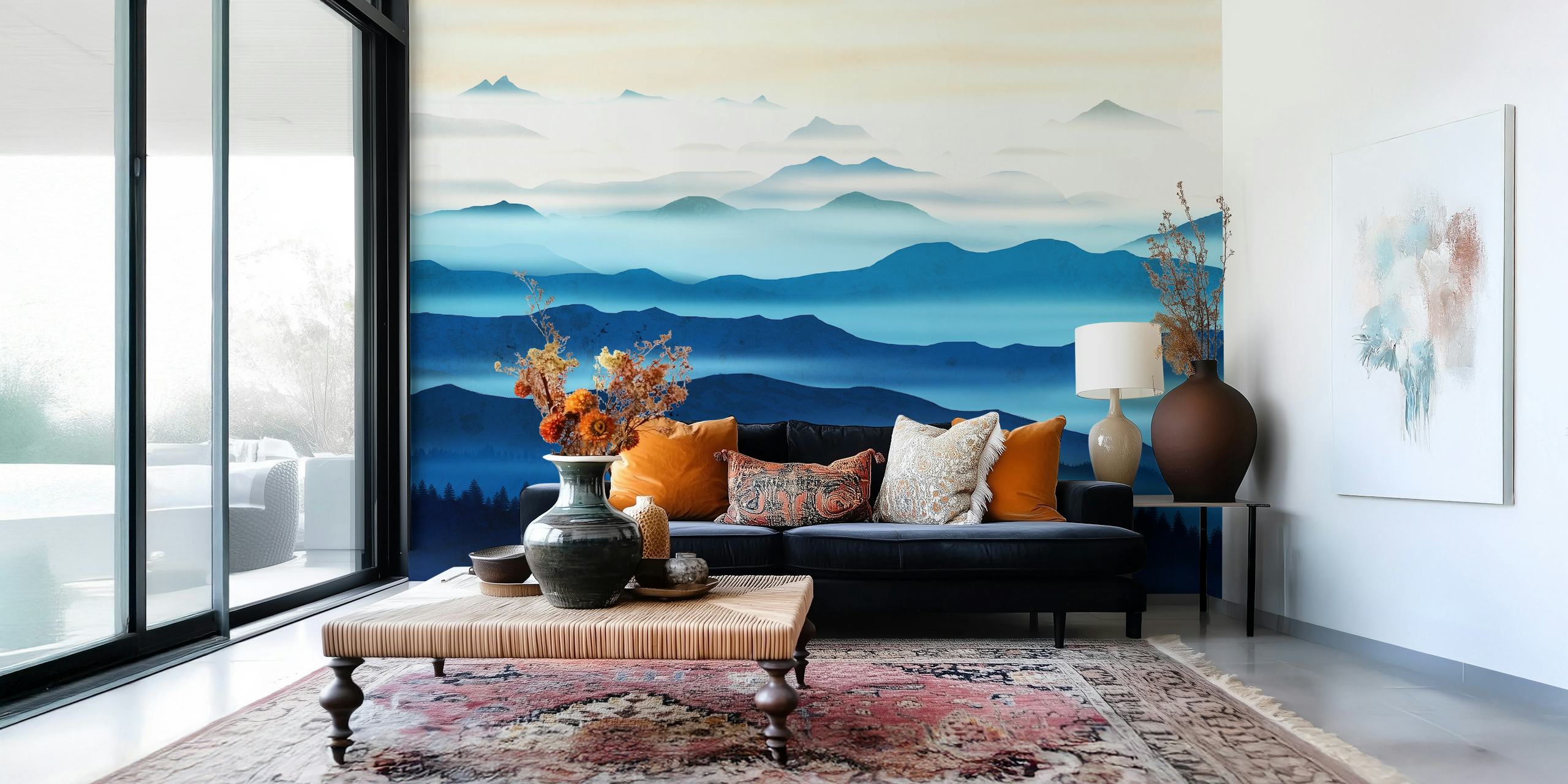Blue mountain landscape with misty layers and soft gradients wallpaper