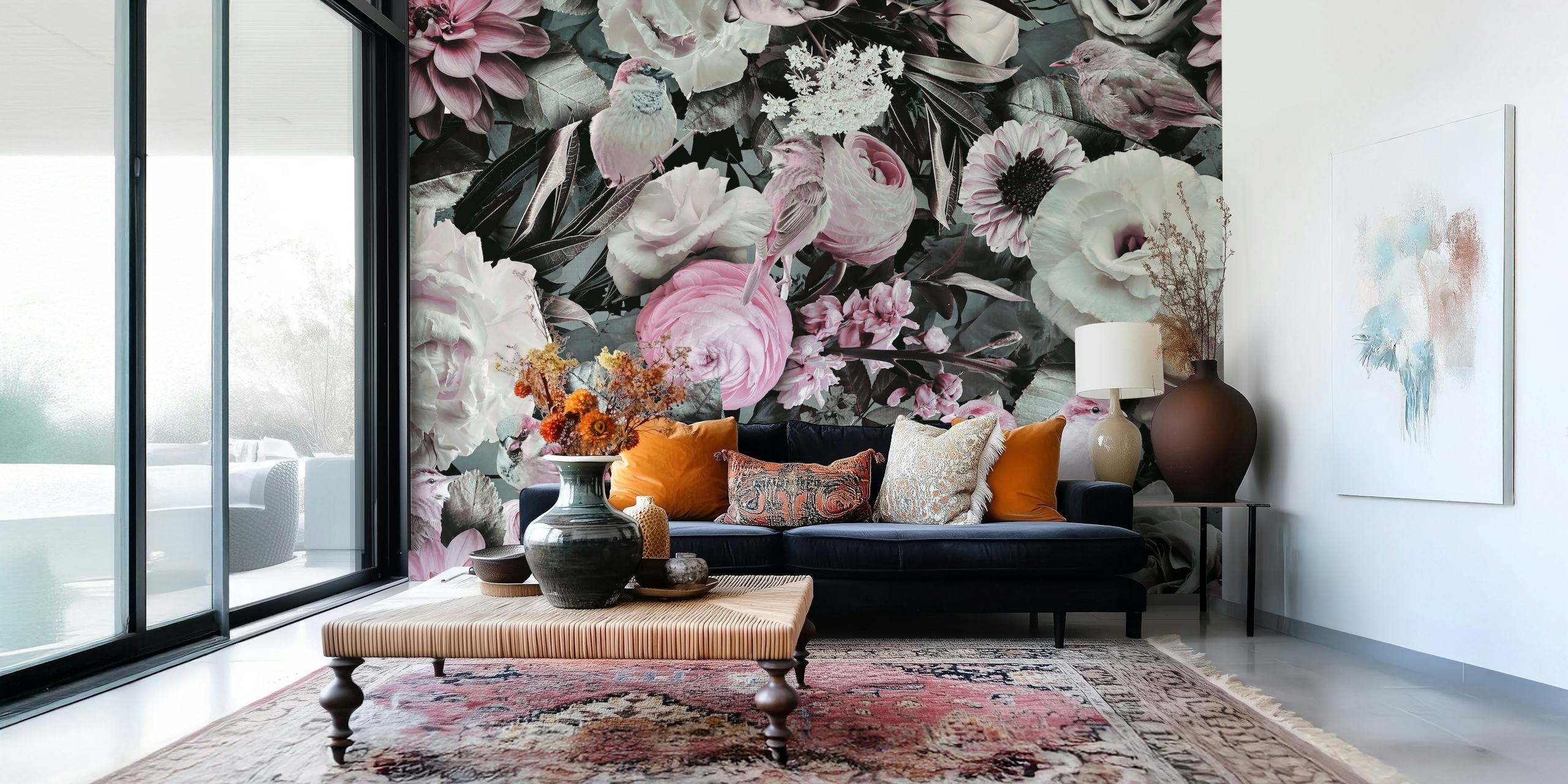 Pastel floral pattern with pink flowers and birds wallpaper