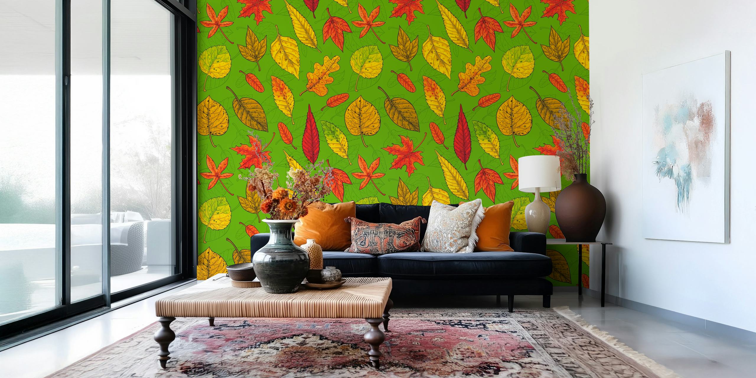Autumn leaves wallpaper on a green background