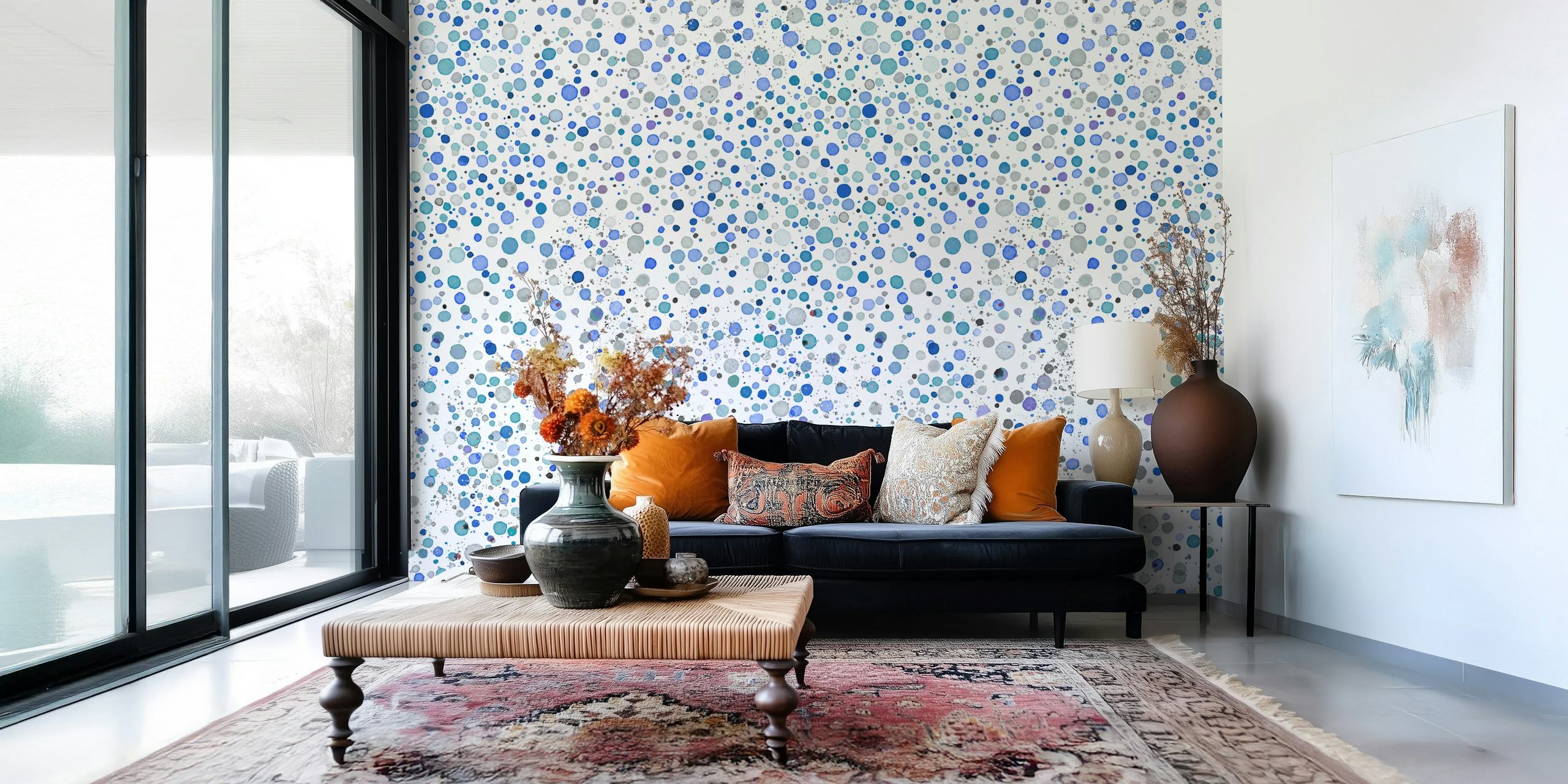 Various blue and teal confetti dots on white background wallpaper