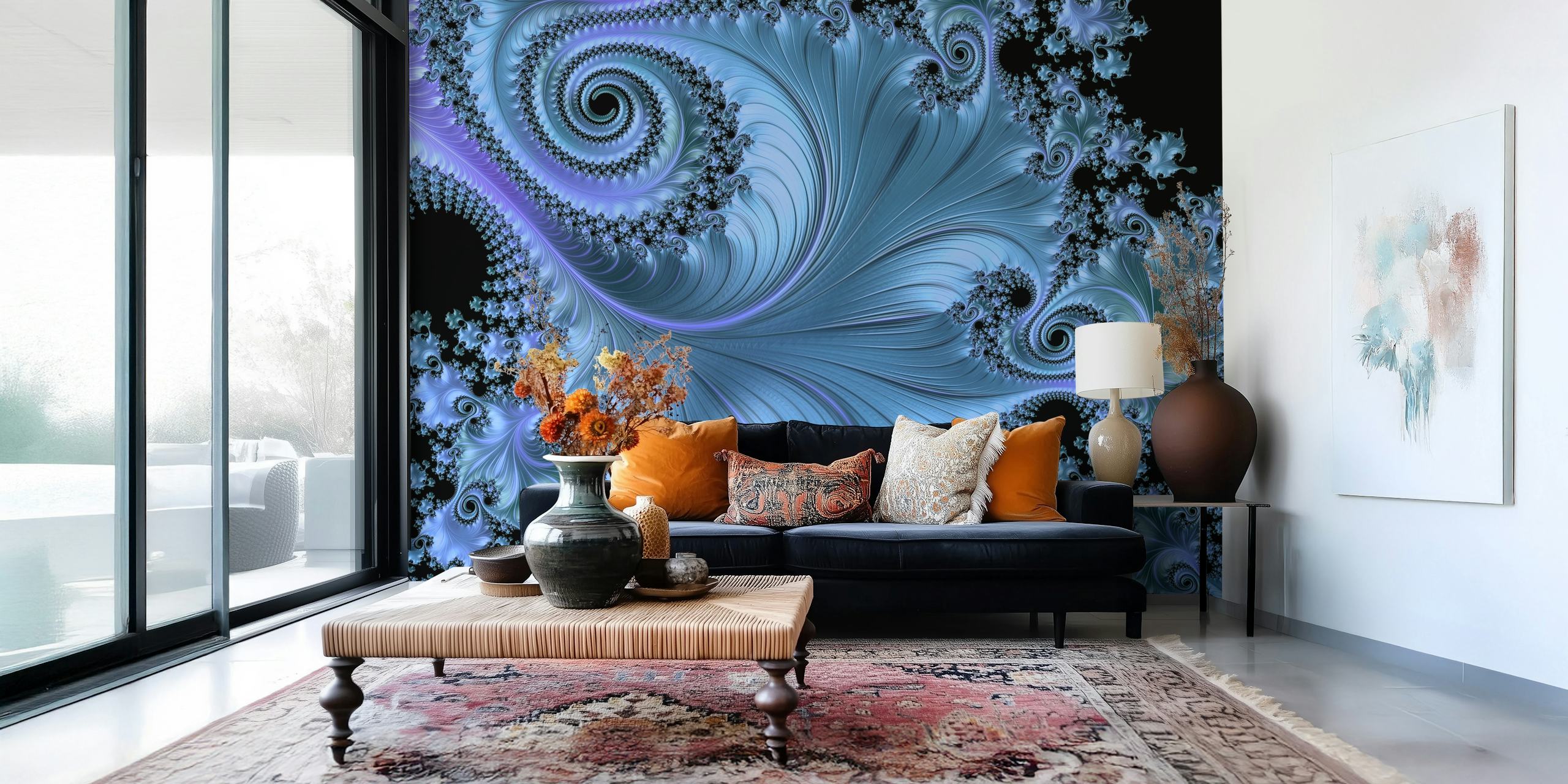 Blue fractal wave wallpaper in a room