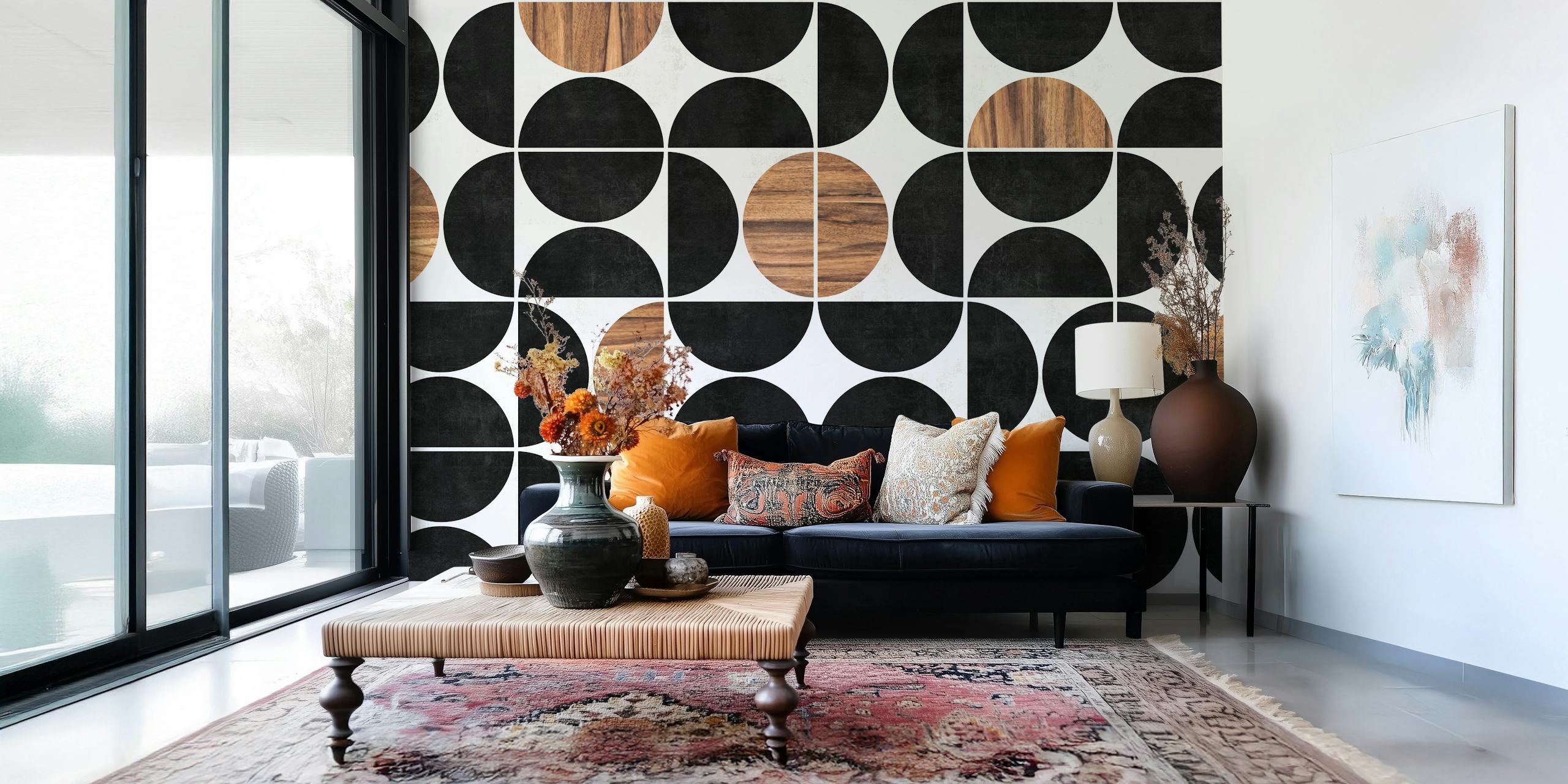 Geometric pattern in black and wood tones on white background wallpaper