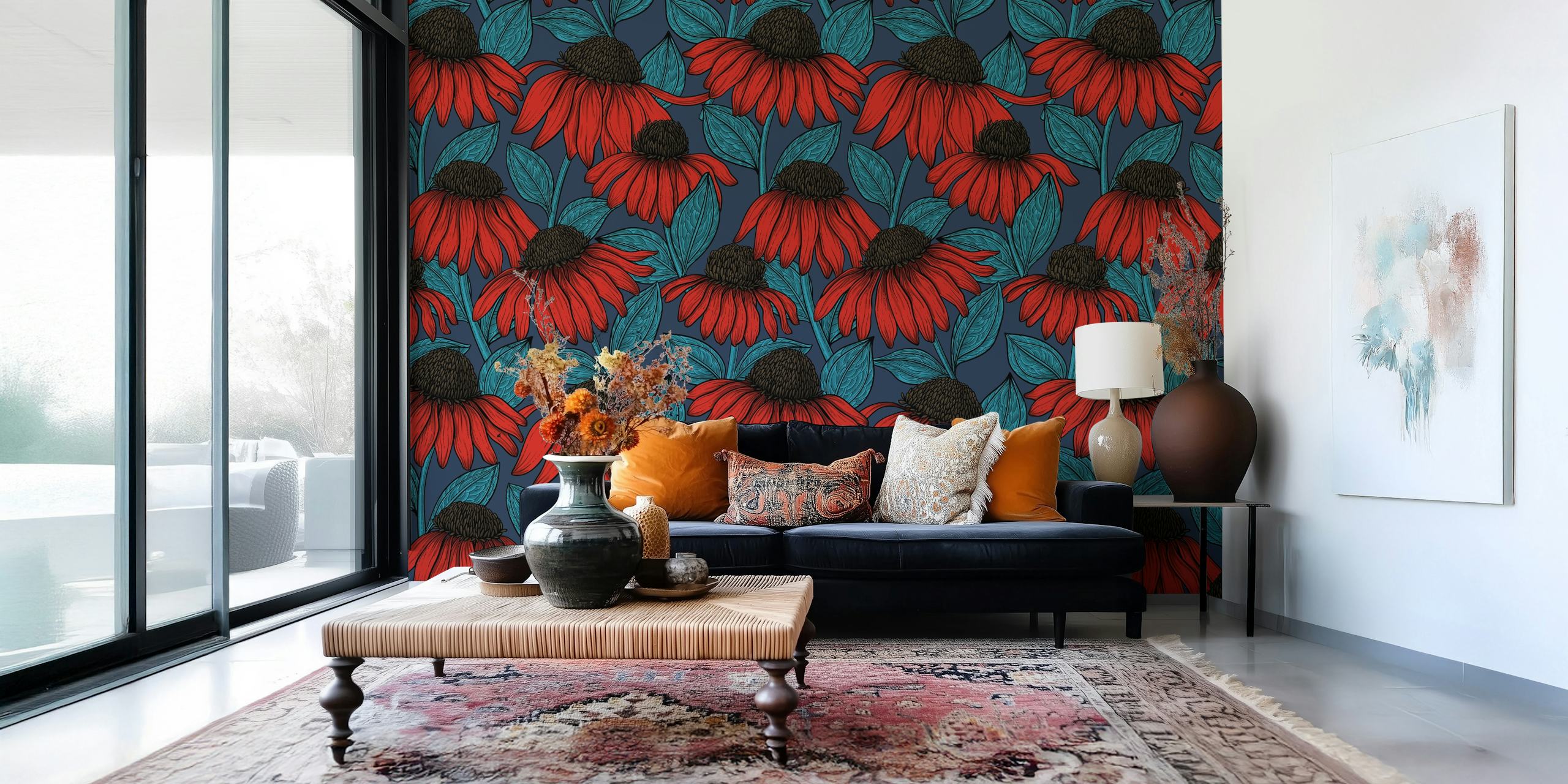 Red coneflowers behangontwerp in een kamer
