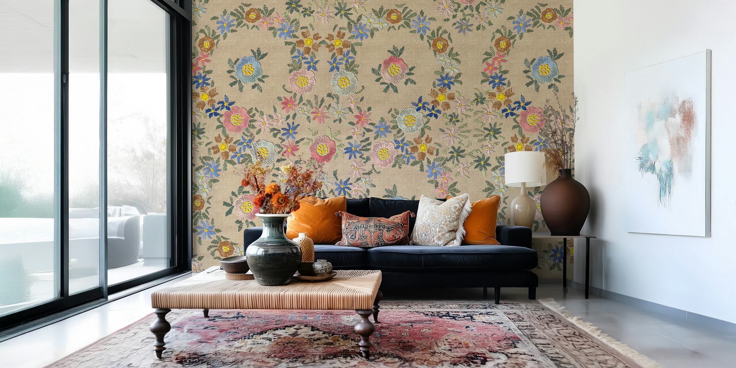 A wall mural featuring modern embroidered floral patterns on a subtle background