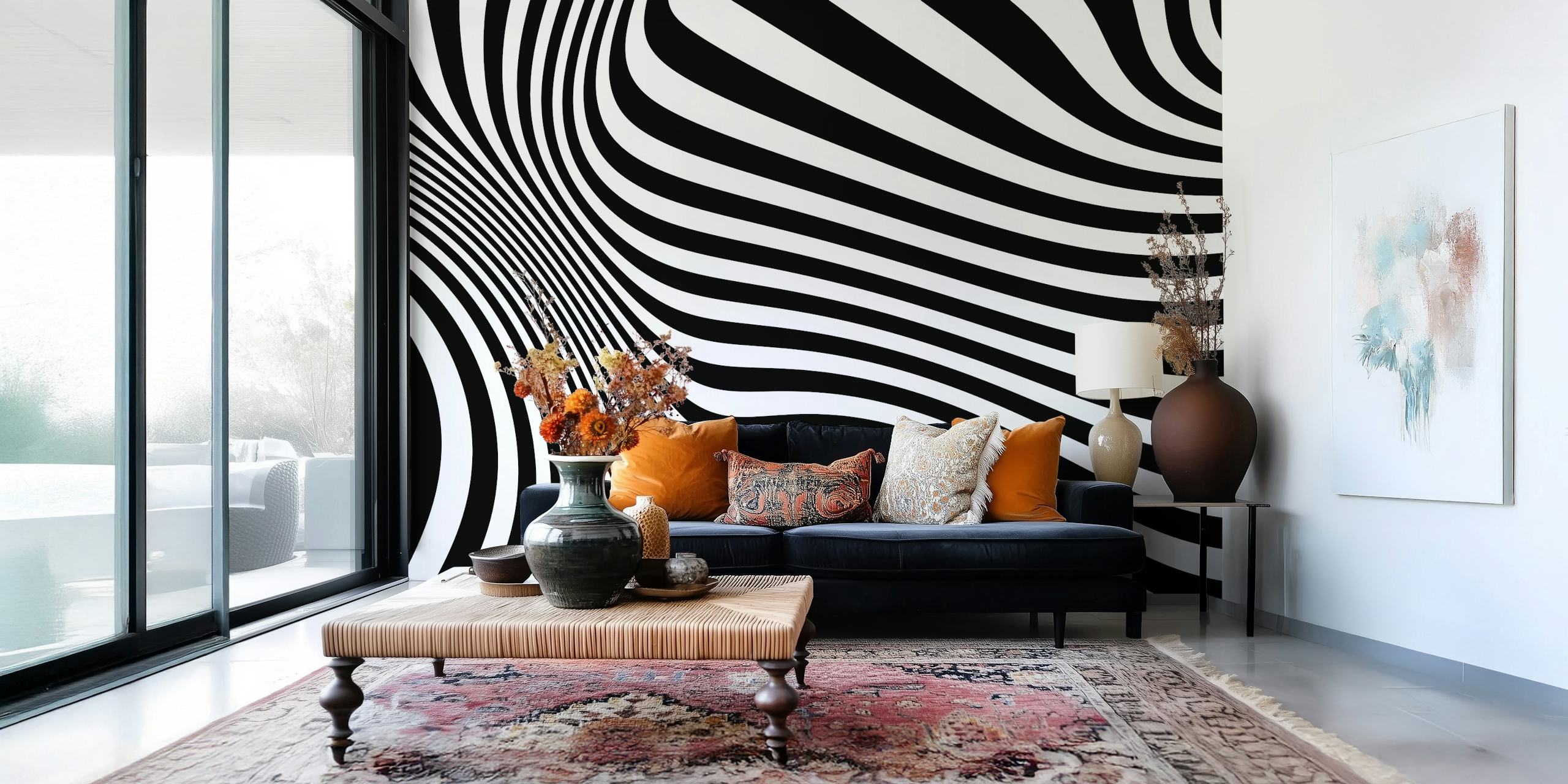 Op Art Retro Black and White wall mural with hypnotic swirling lines