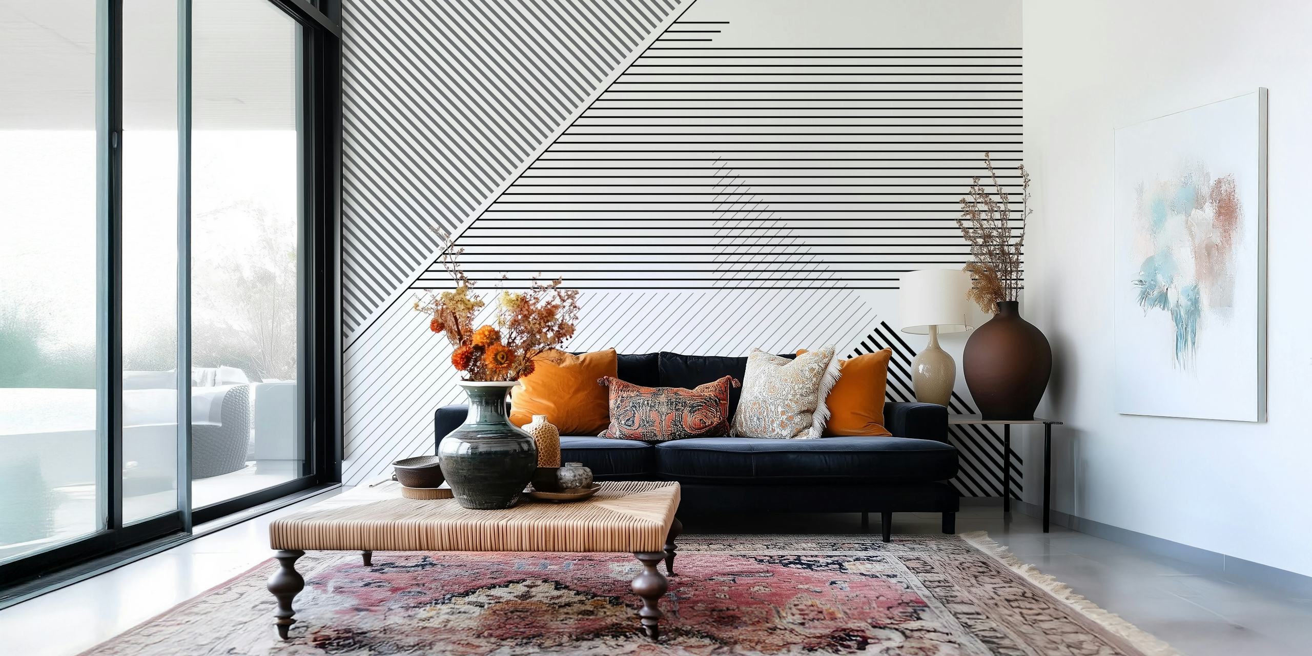 Modern lines black and white wallpaper in a room