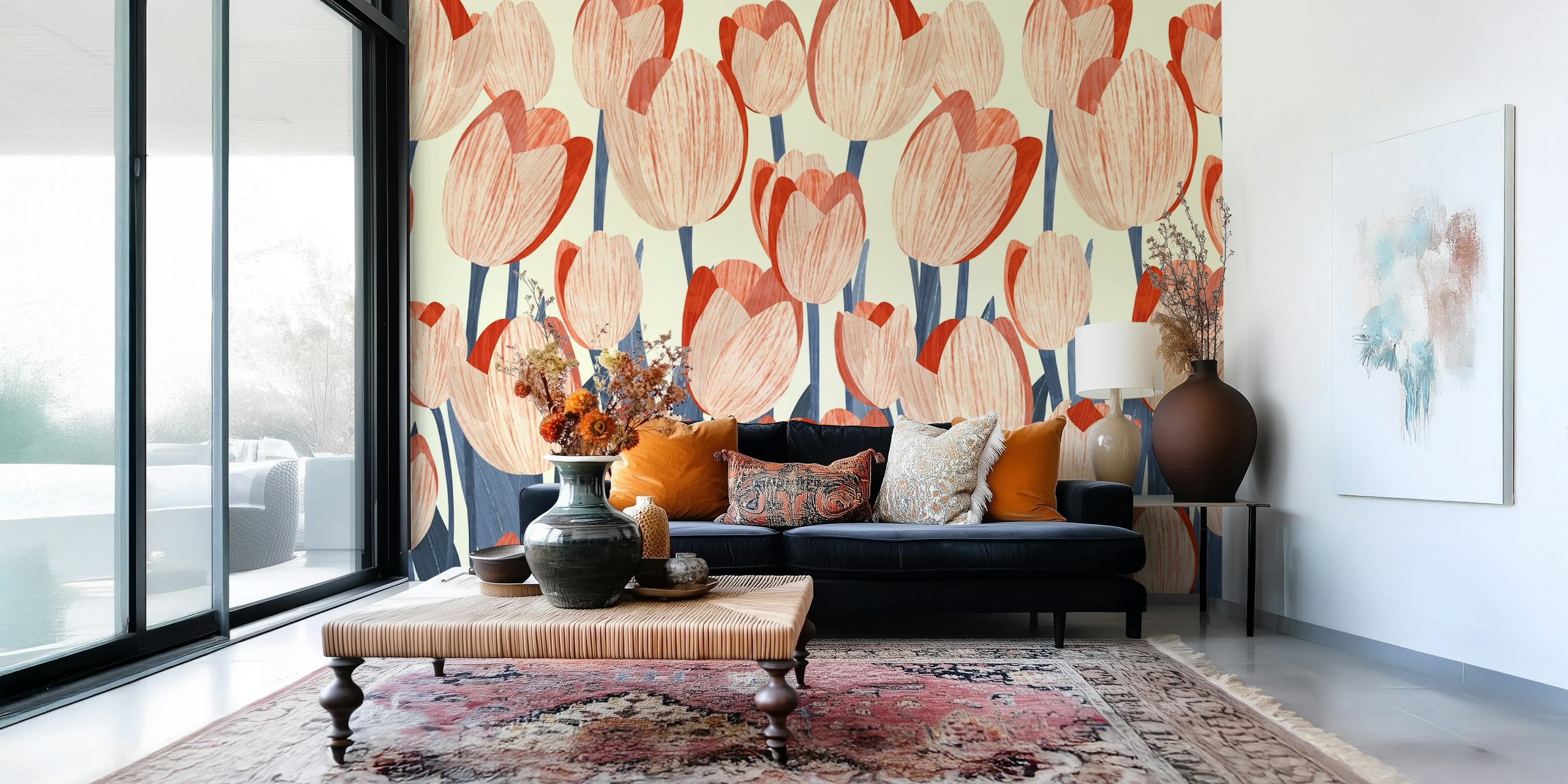 Pink tulip floral wallpaper with green stems in bright colors