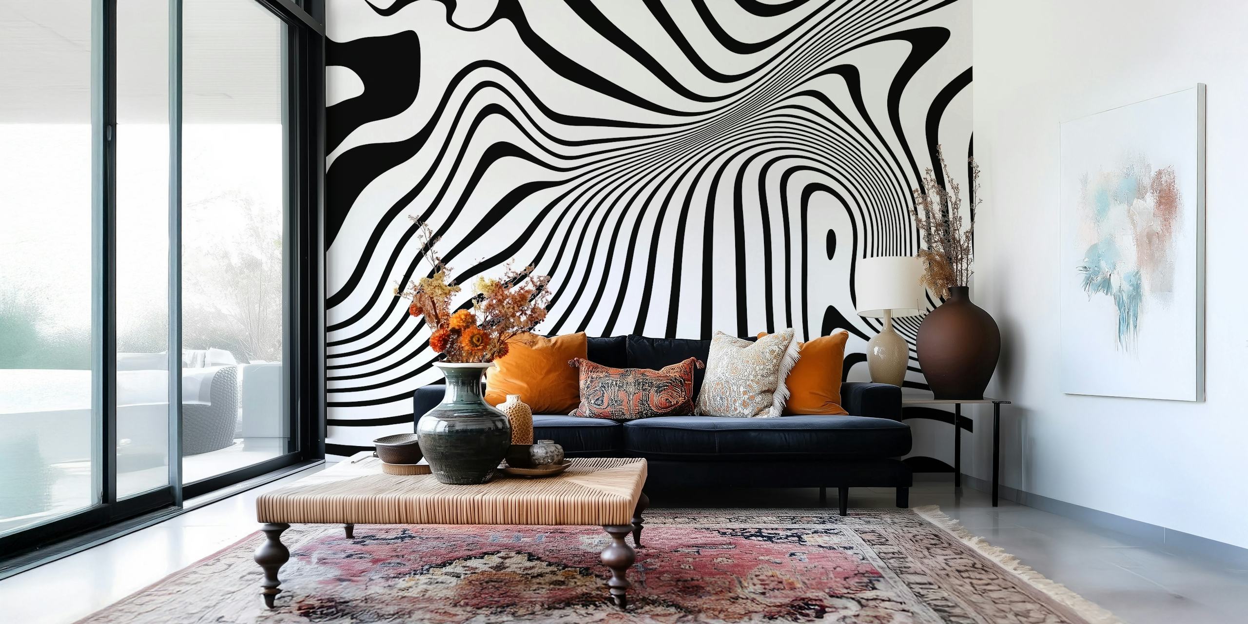 Mural de pared en blanco y negro con arte lineal abstracto y formas orgánicas y fluidas que crean una textura visual dinámica