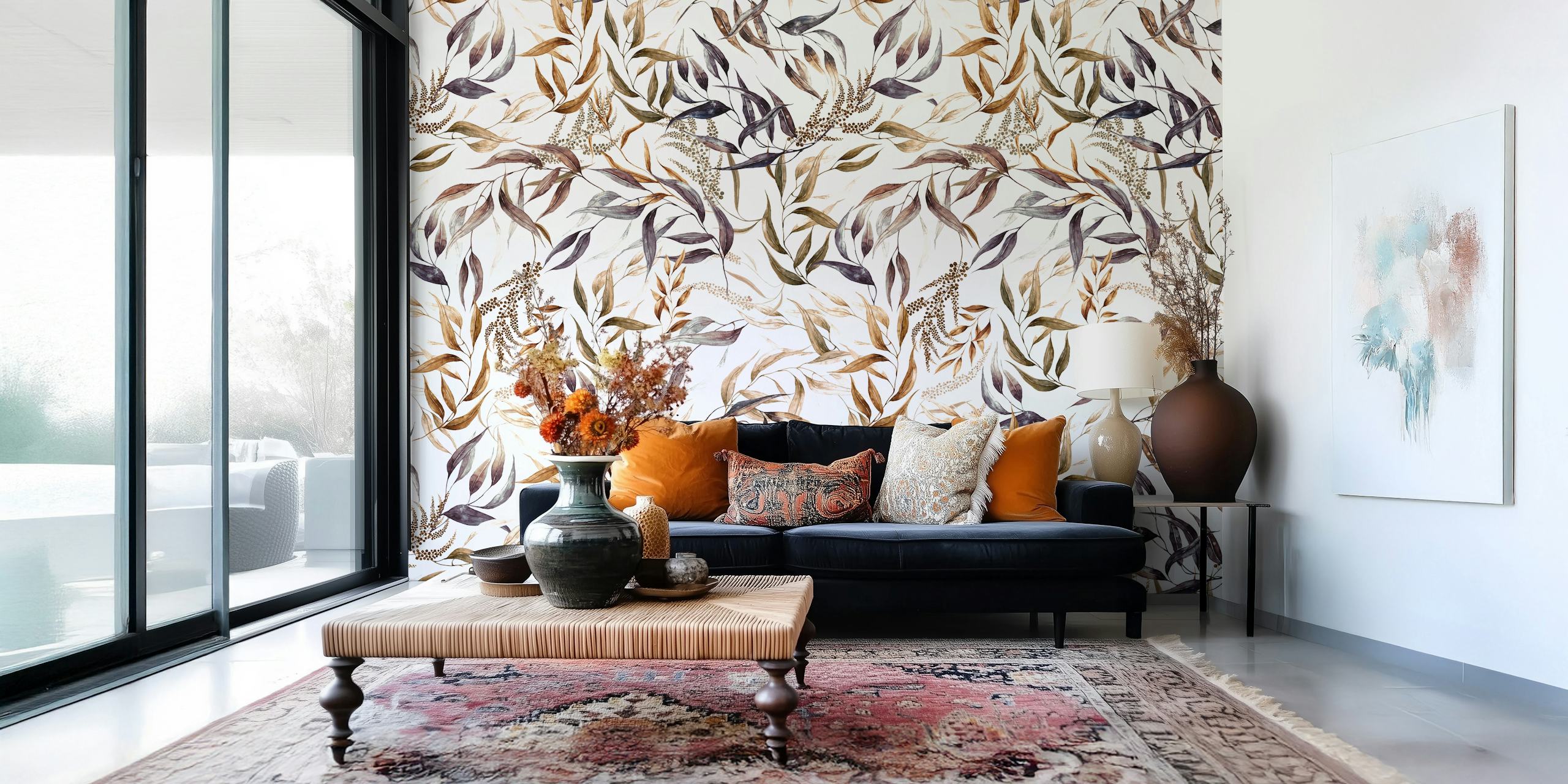 Um mural de parede sereno com um padrão de folhas inspiradas na natureza em cores suaves