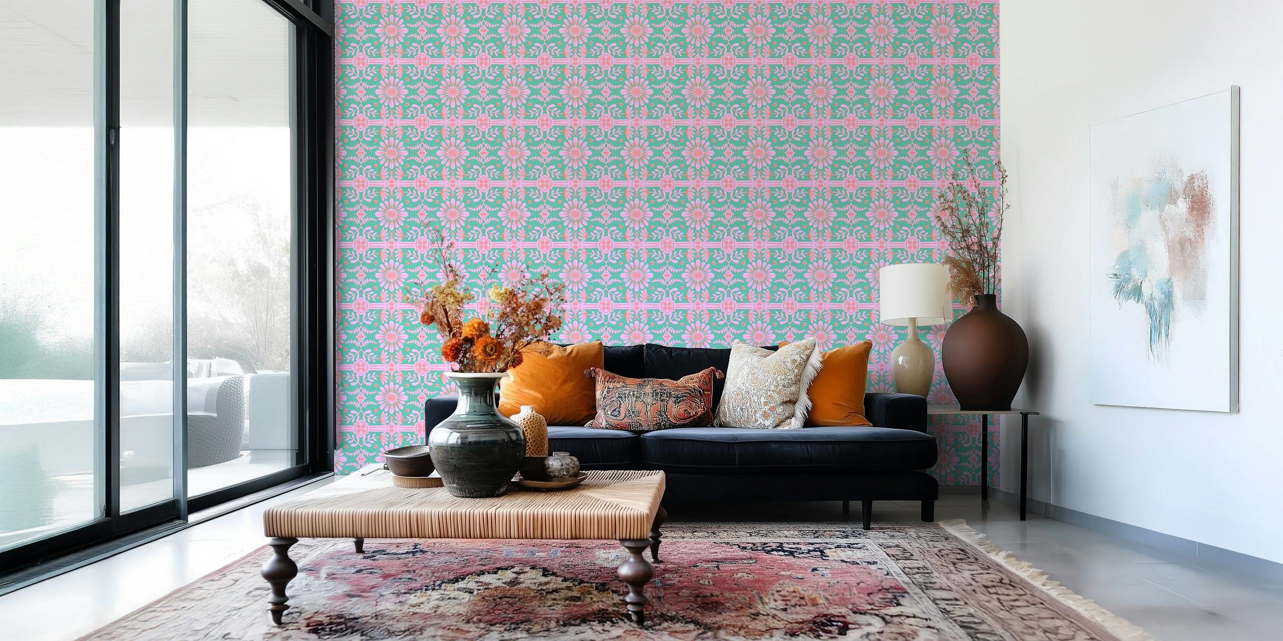 Boho Florals Pink Green wallpaper displayed in a room