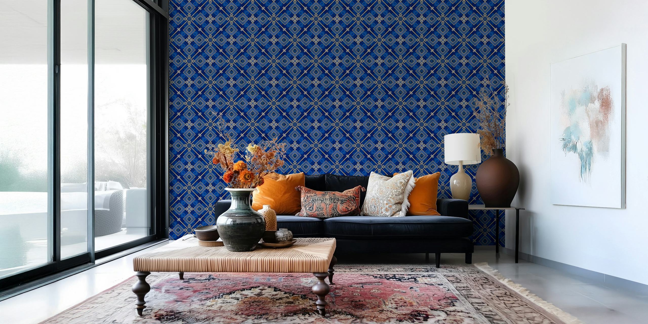 Blue and gold geometric pattern wallpaper in Art Deco style