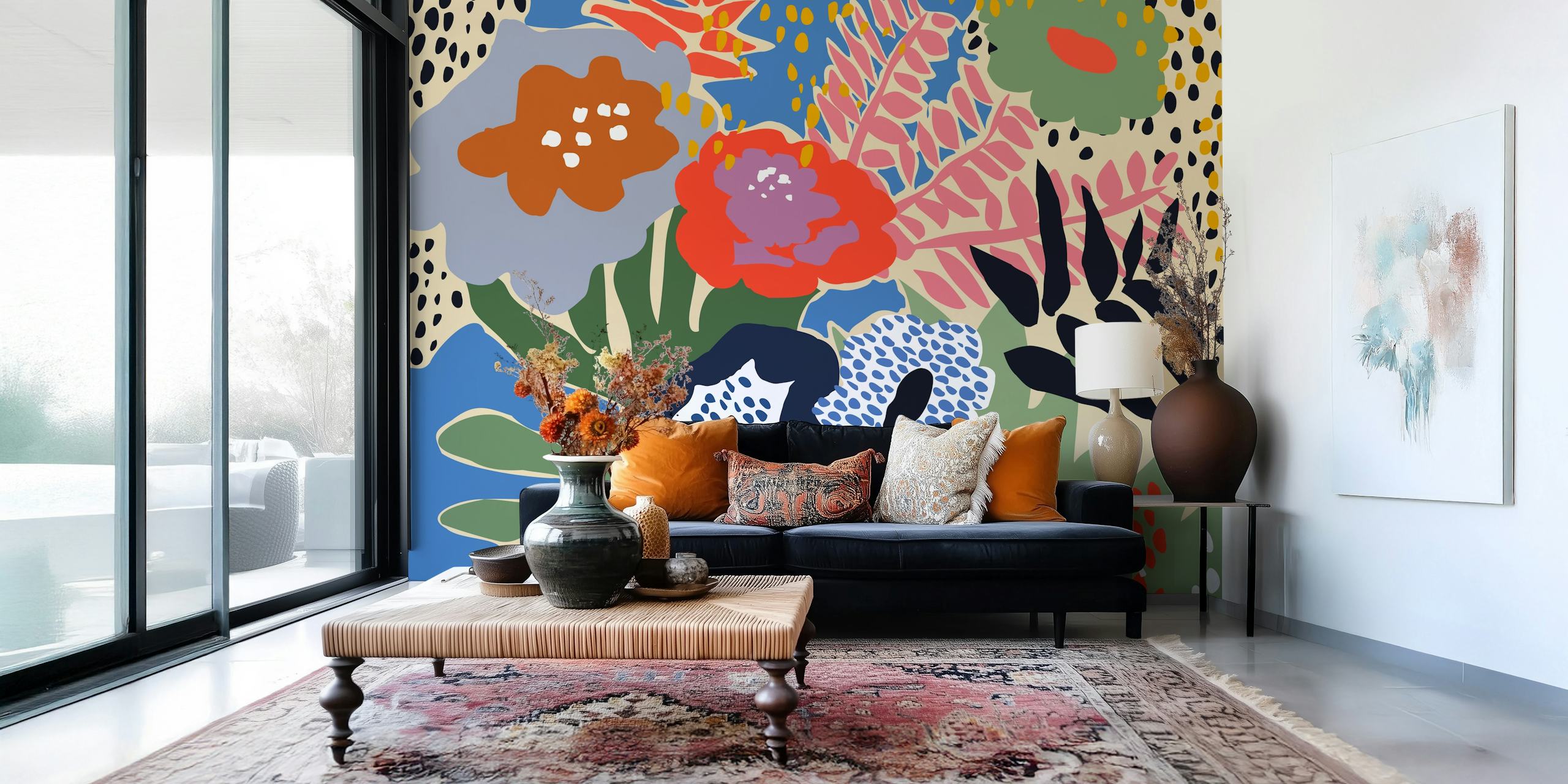Stunning image showing the detailed brilliance of our Maximalist floral shapes wallpaper