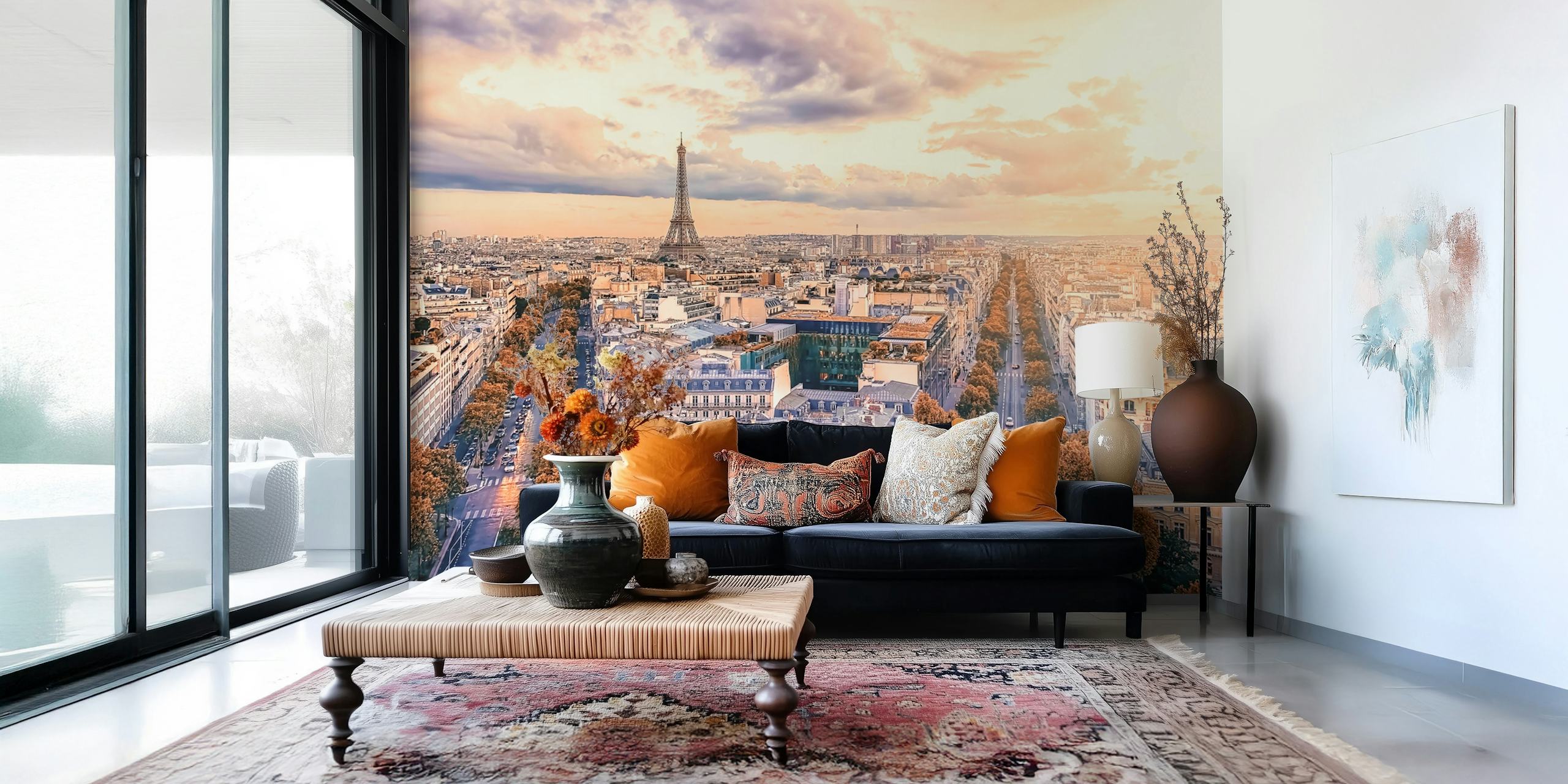 Paris solnedgang vægmaleri med gyldne nuancer og Eiffeltårnet silhuet