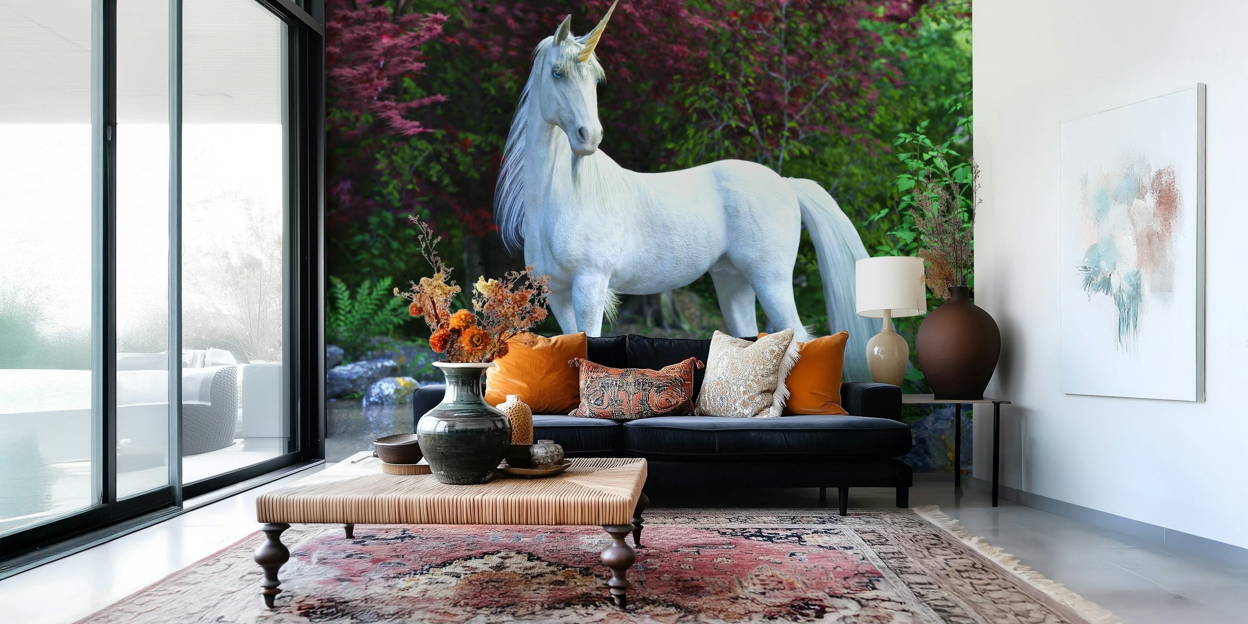 Design de papel de parede White unicorn em um quarto