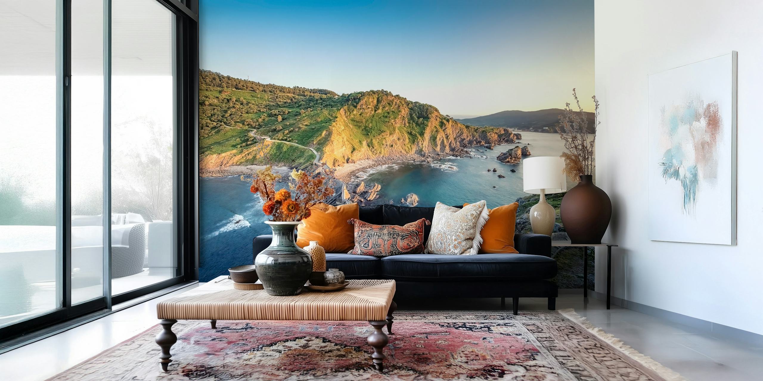 Coastal landscape featuring green hills and blue sea wallpaper