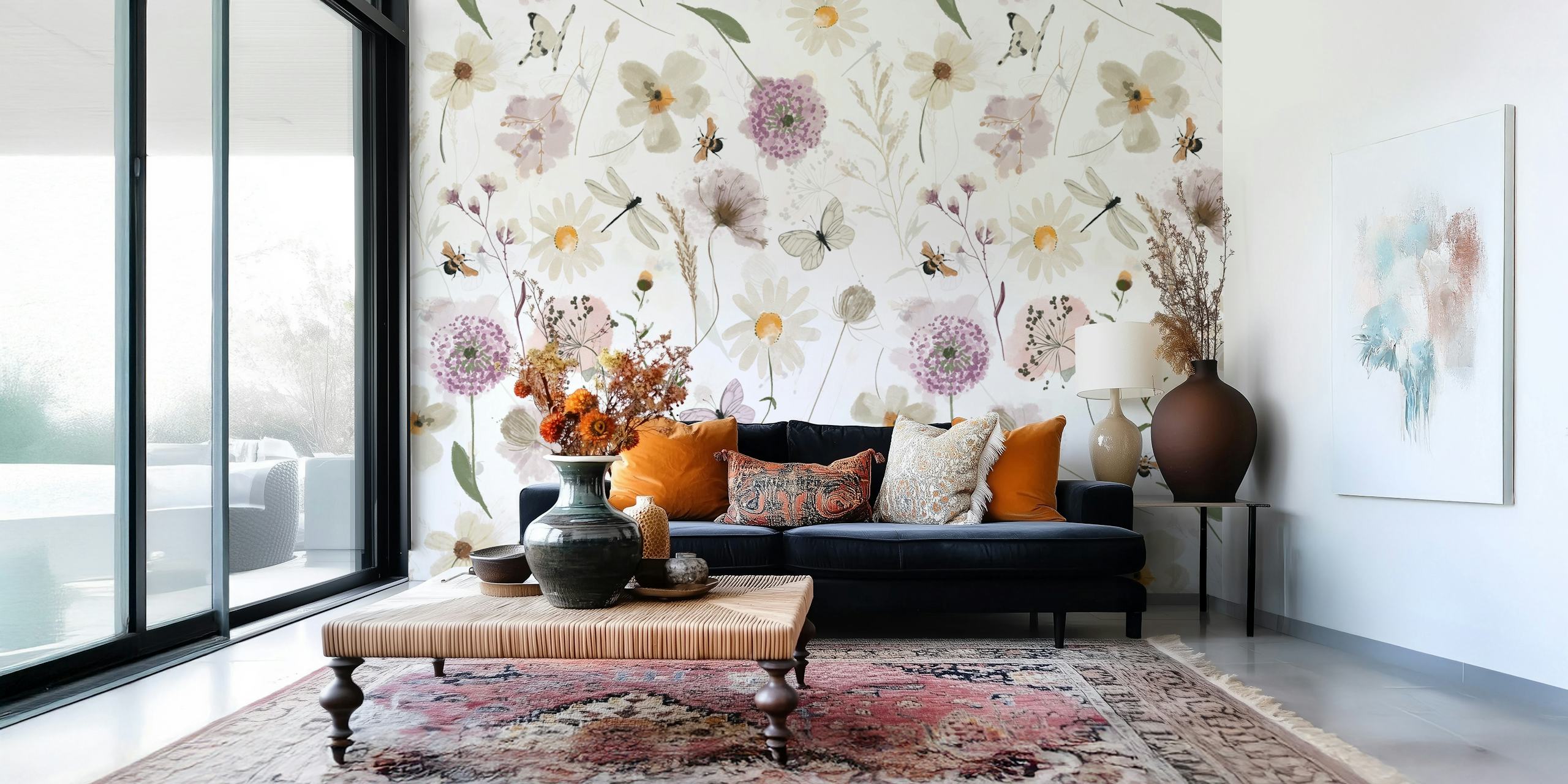 Pastel floral patterns with purple, yellow, and green accents wallpaper