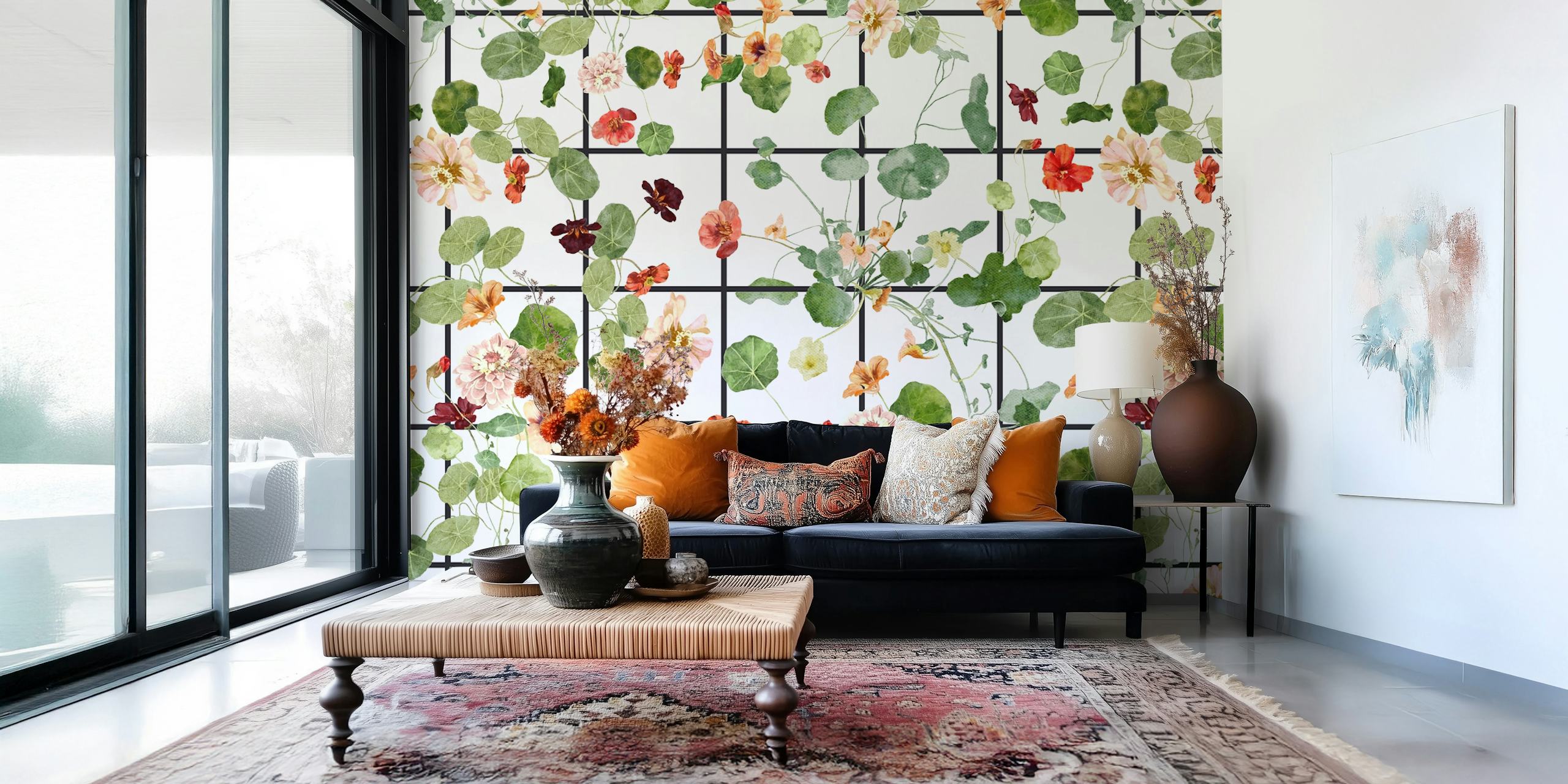 Flores de capuchina con hojas verdes en un mural de pared con diseño de cuadrícula.