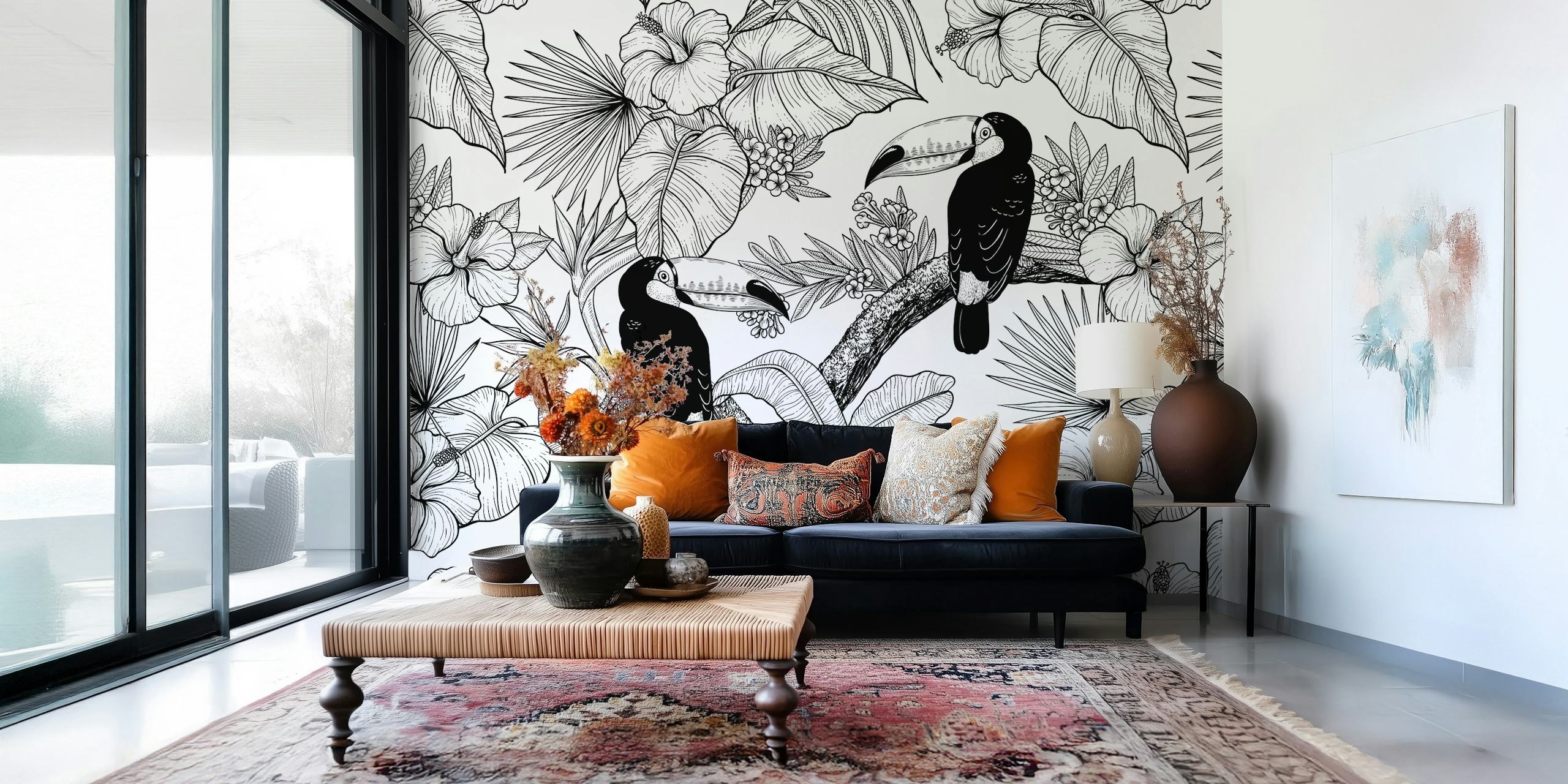 Toucan and tropical flowers in black and white wallpaper