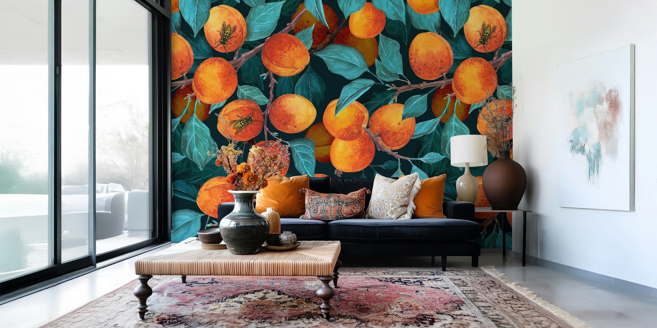 Dojrzałe morele na gałęziach z bujnymi zielonymi liśćmi fototapeta