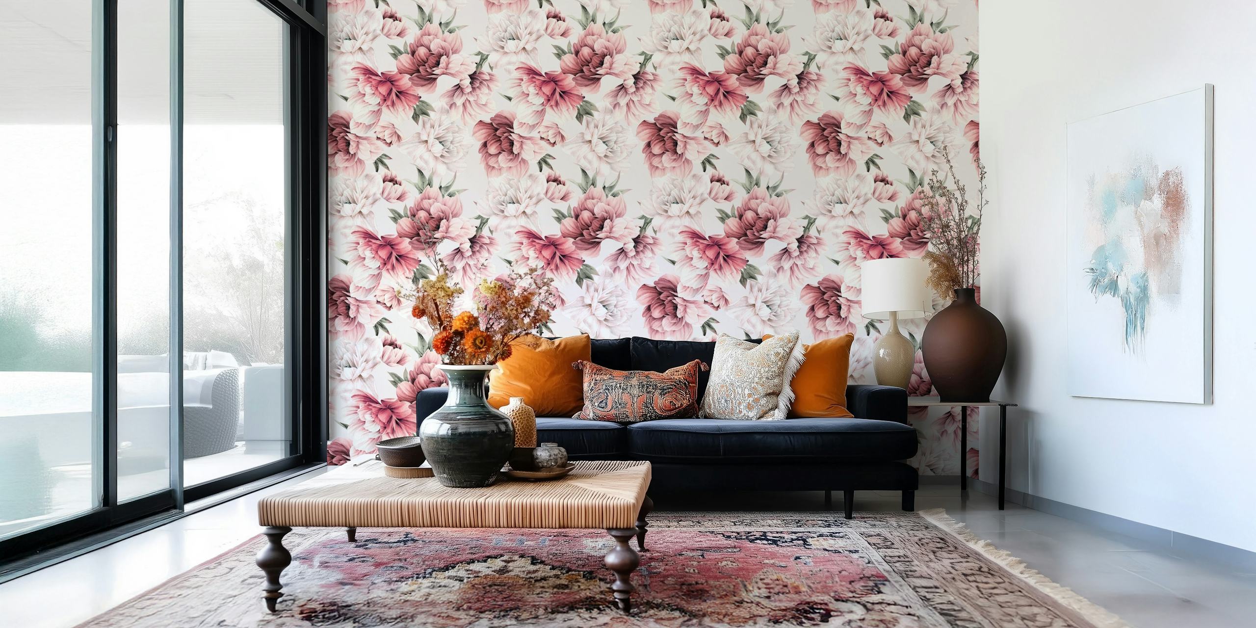 Red and white peonies floral design wallpaper