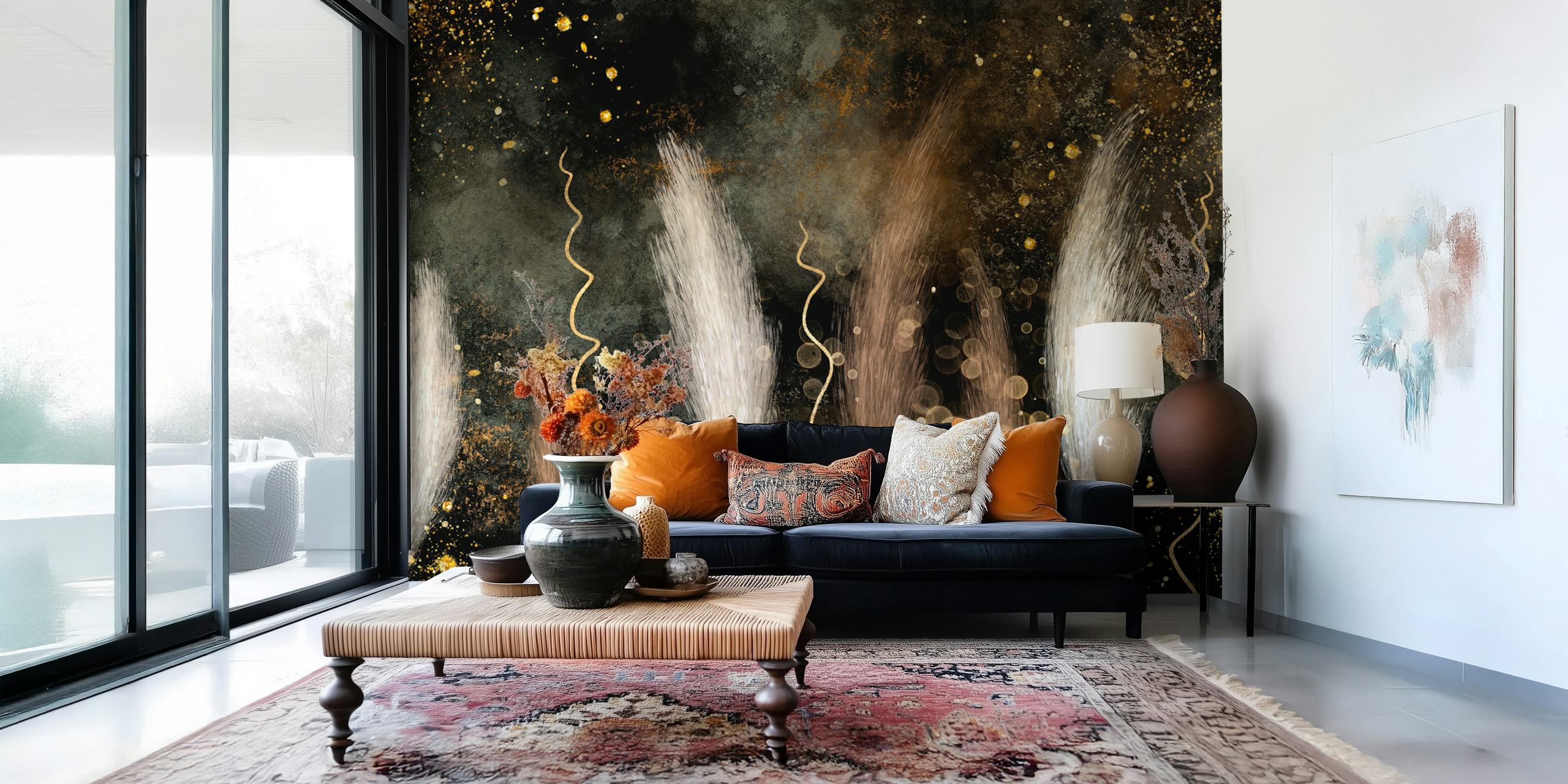 Pampas grass with beige and gold hues on black background wallpaper