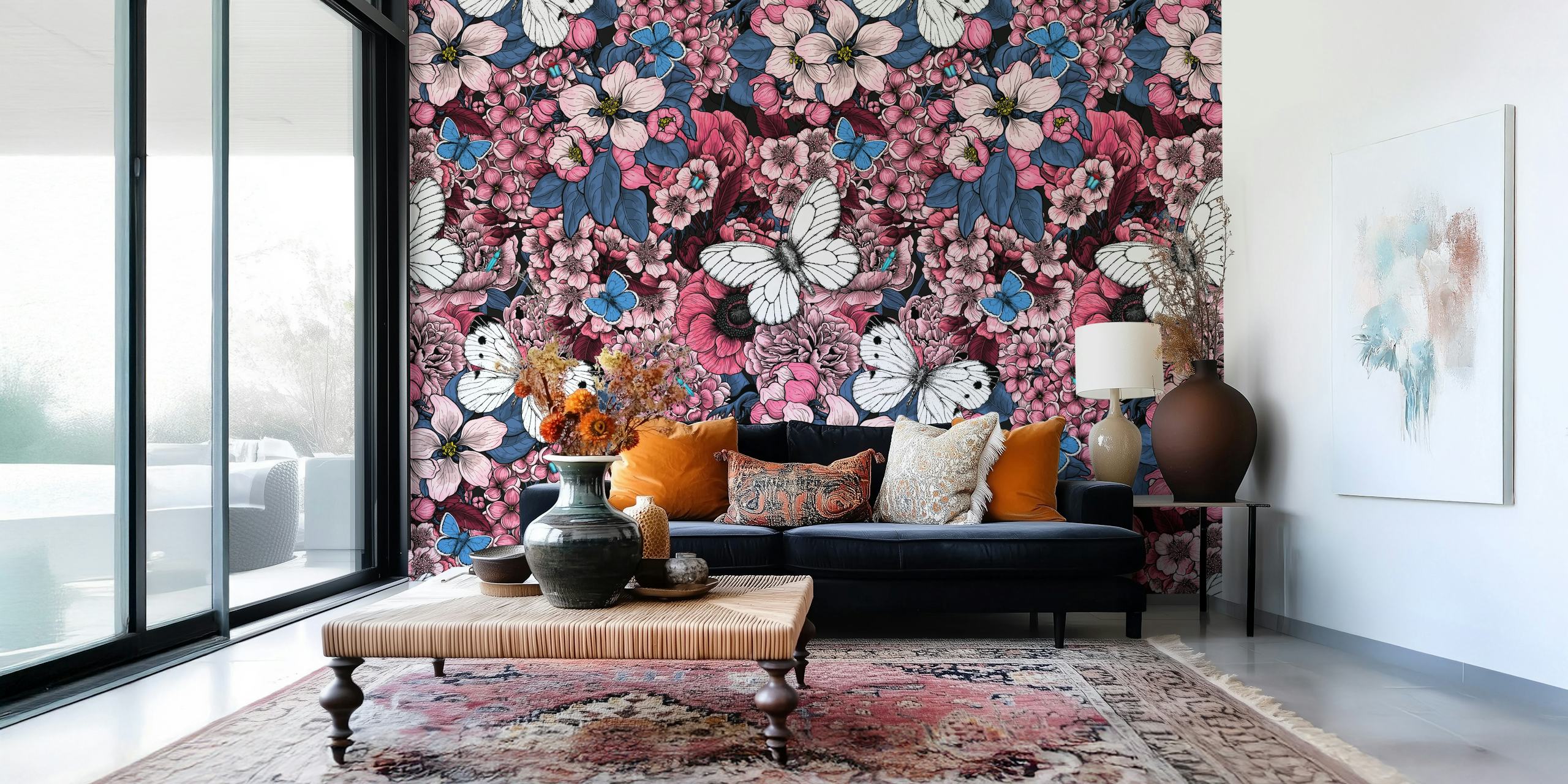 Floral wallpaper with pink and blue flowers and white butterflies