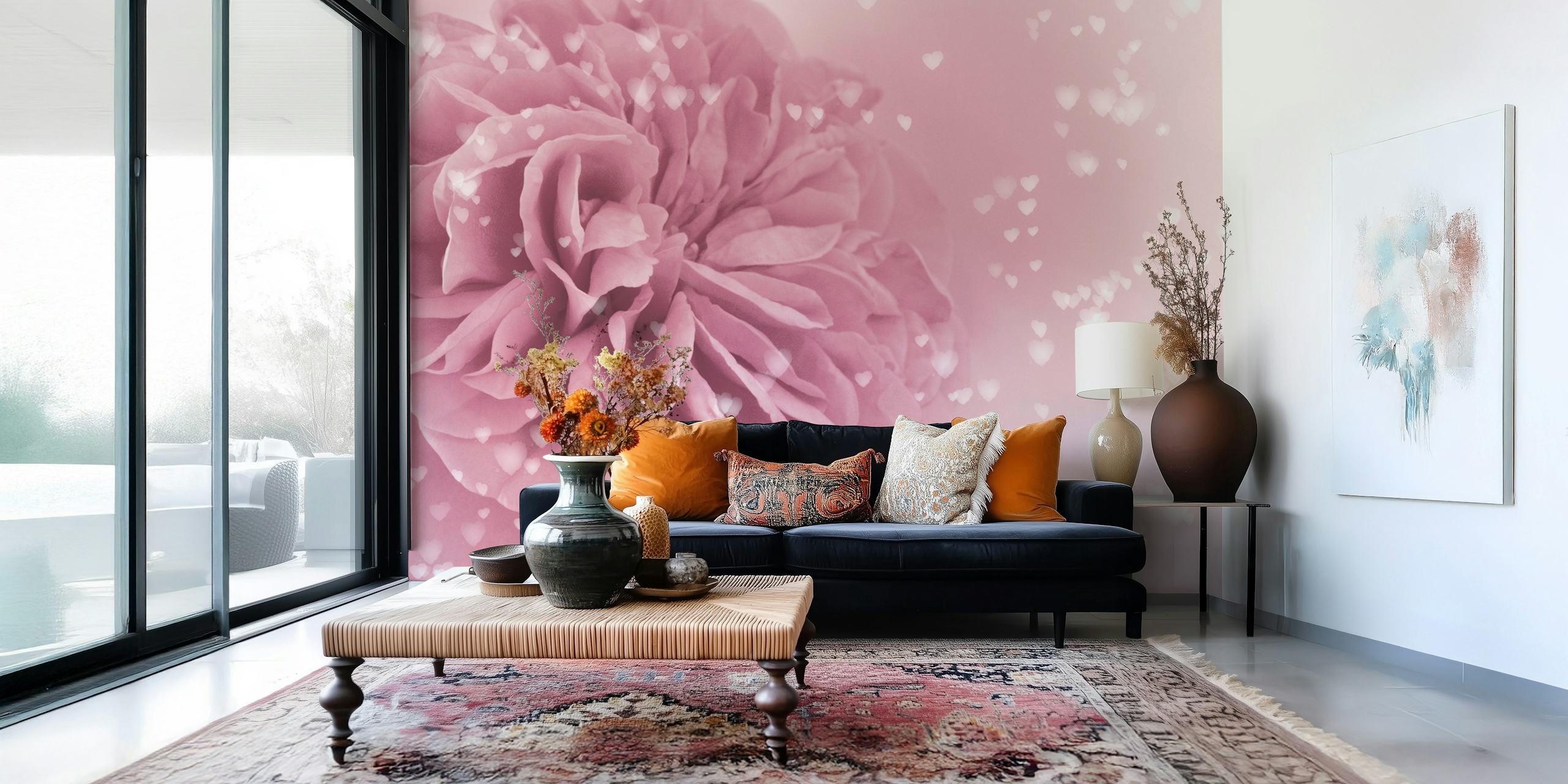Photo murale élégante rose rose clair entourée de coeurs flottants