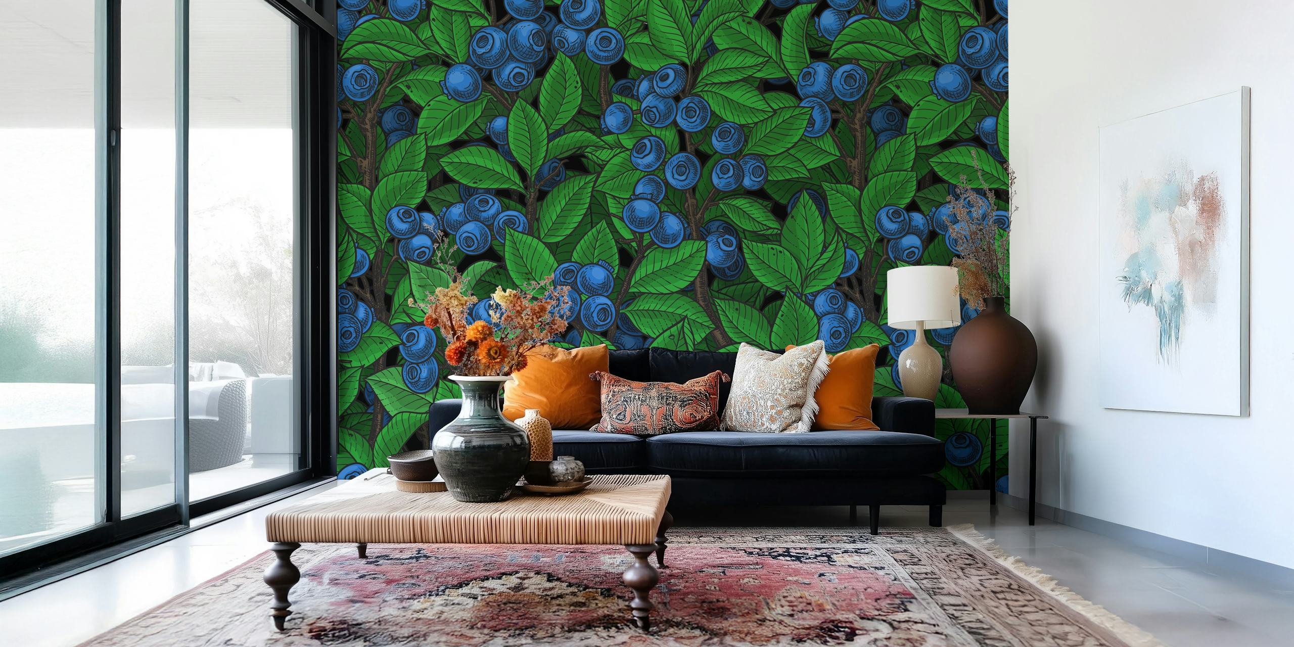 Blueberry garden floral design with green leaves and blue berries wallpaper