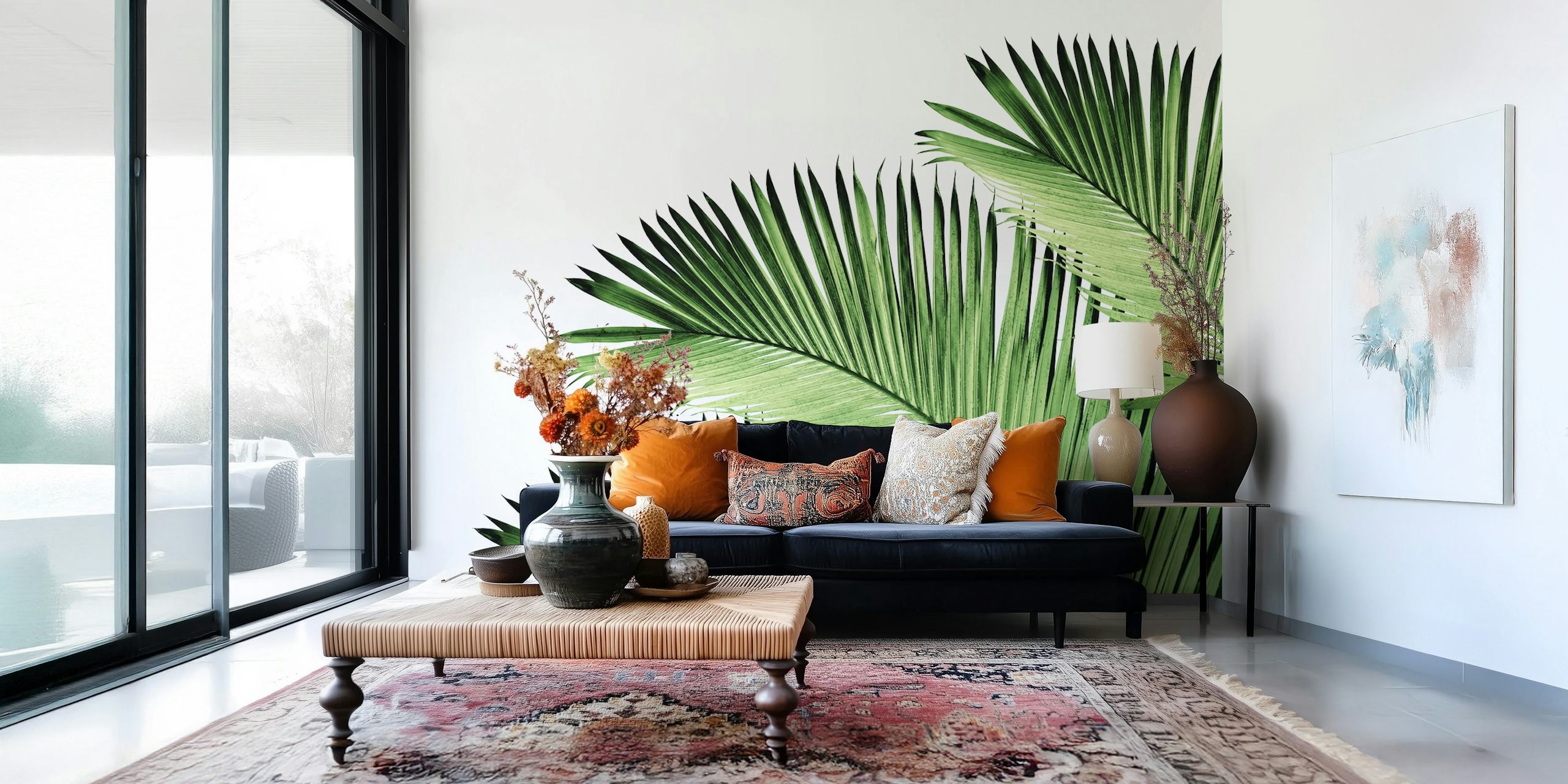 Green tropical palm leaves against a white background wallpaper