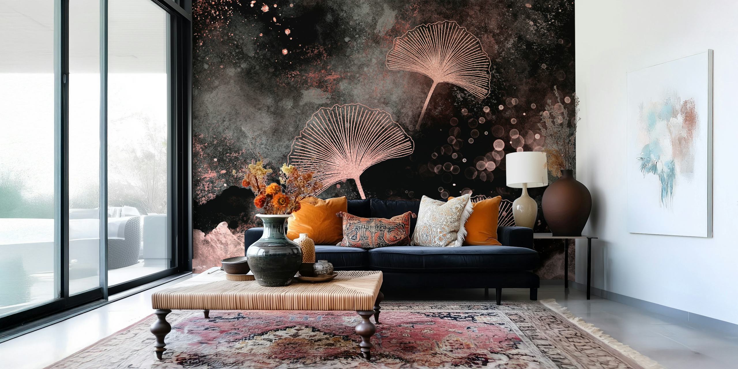 Ginkgo leaves with rose gold outlines on a dark abstract background wallpaper
