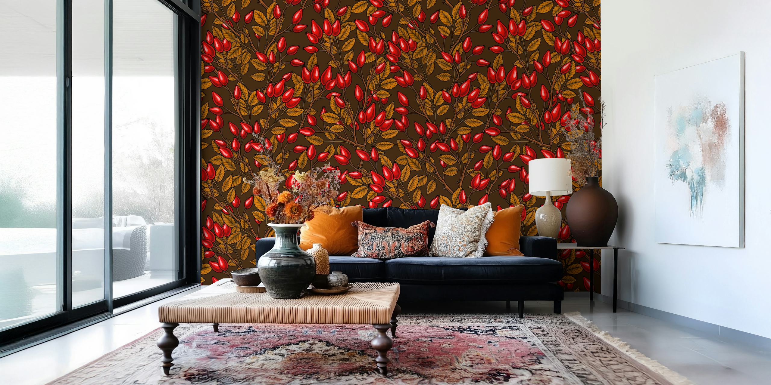 Rose hips padrão de papel de parede em um quarto