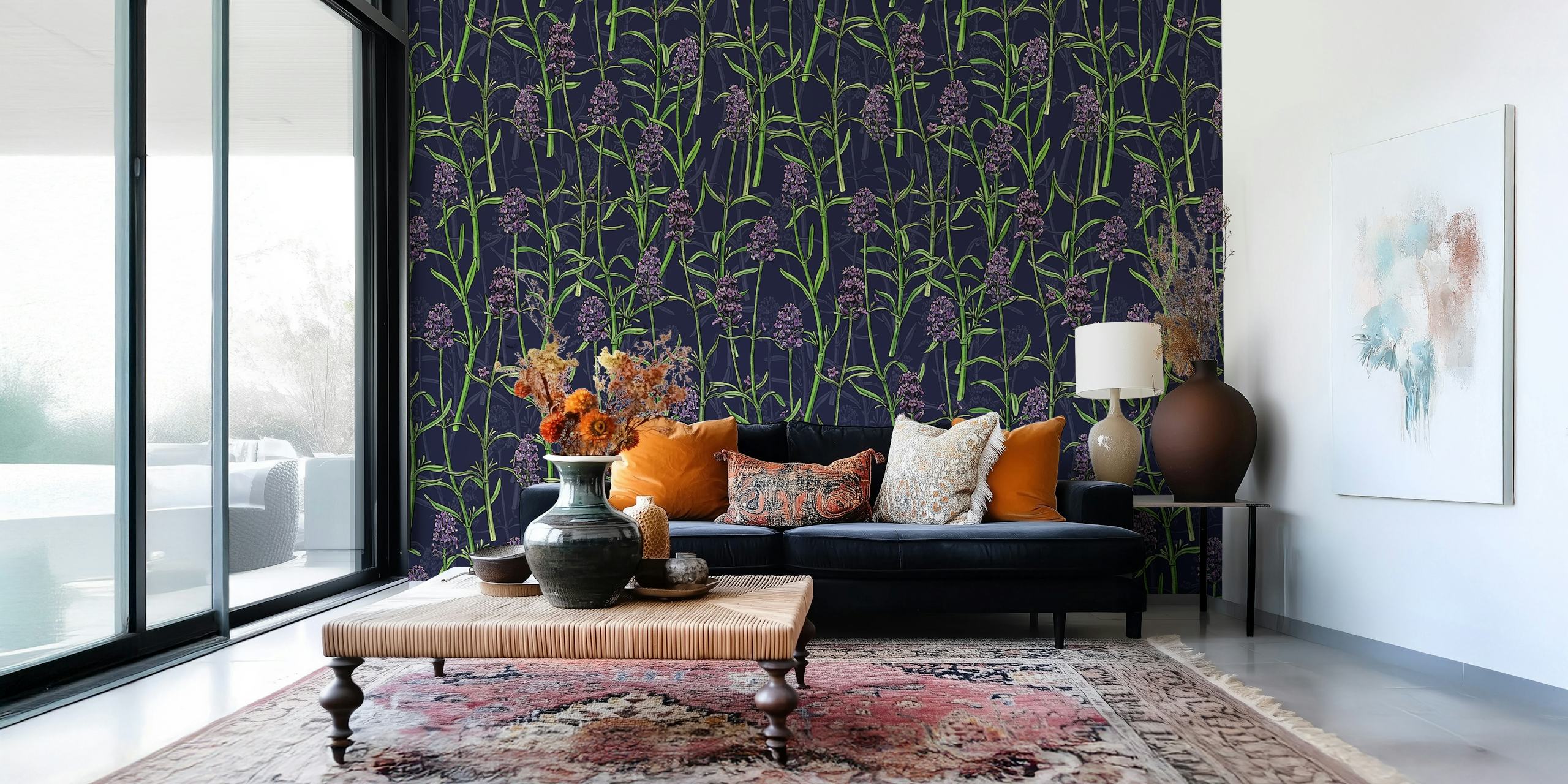 Lavender wall mural with dark background and green accents