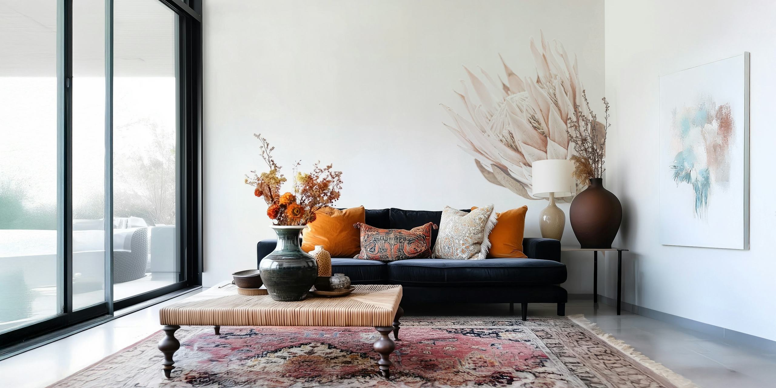 Protea Creme wall mural featuring a single pale protea bloom against a creamy background