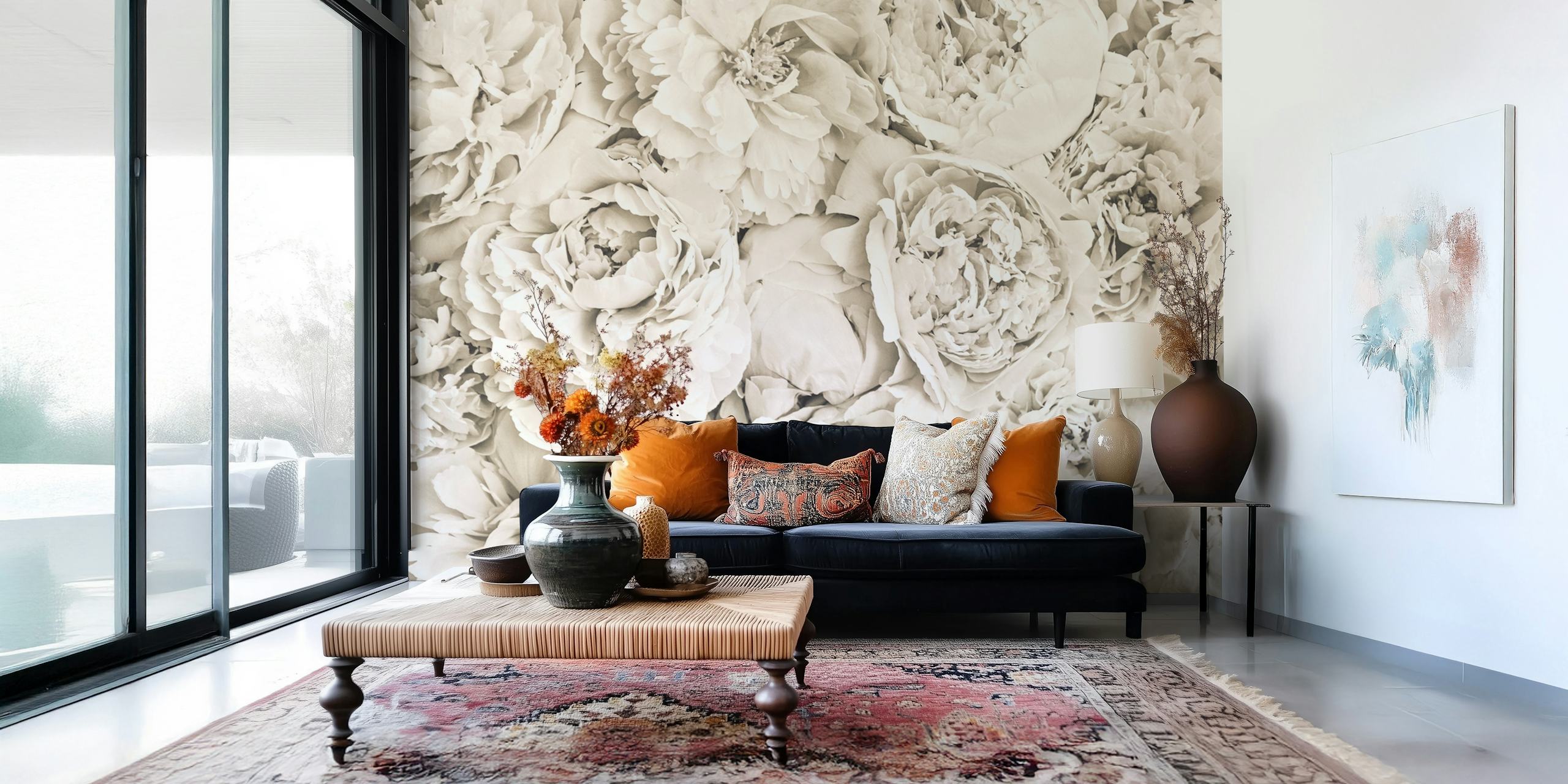 Beige og creme peon blomstertapet