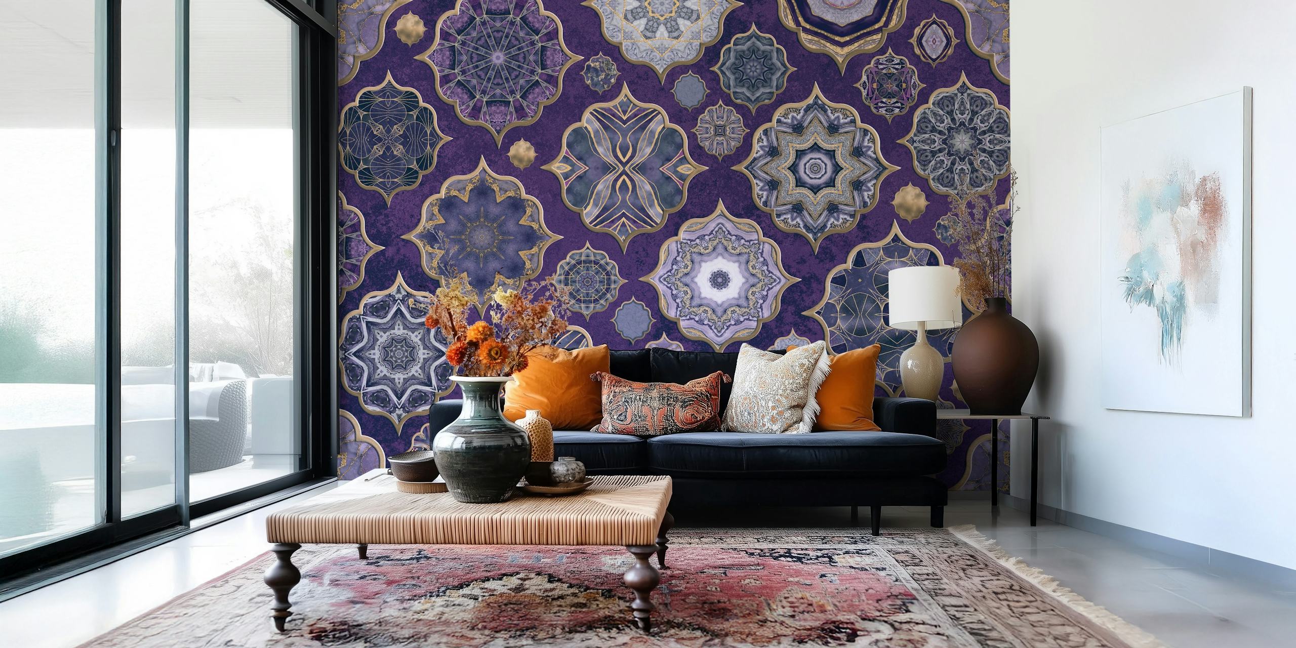 Moroccan tile patterns in purple and gold wallpaper