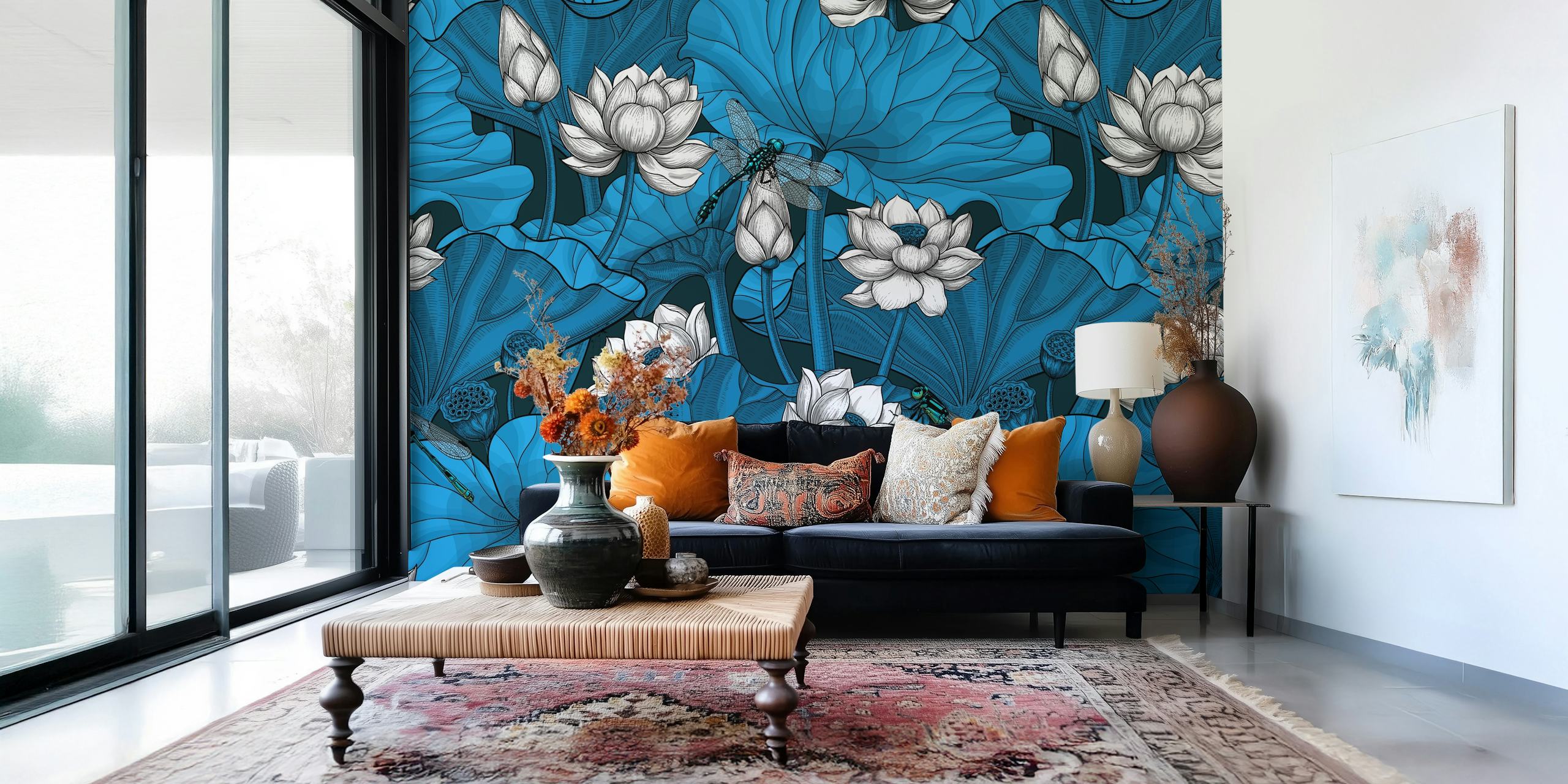Night lotus garden 2 wallpaper in a room