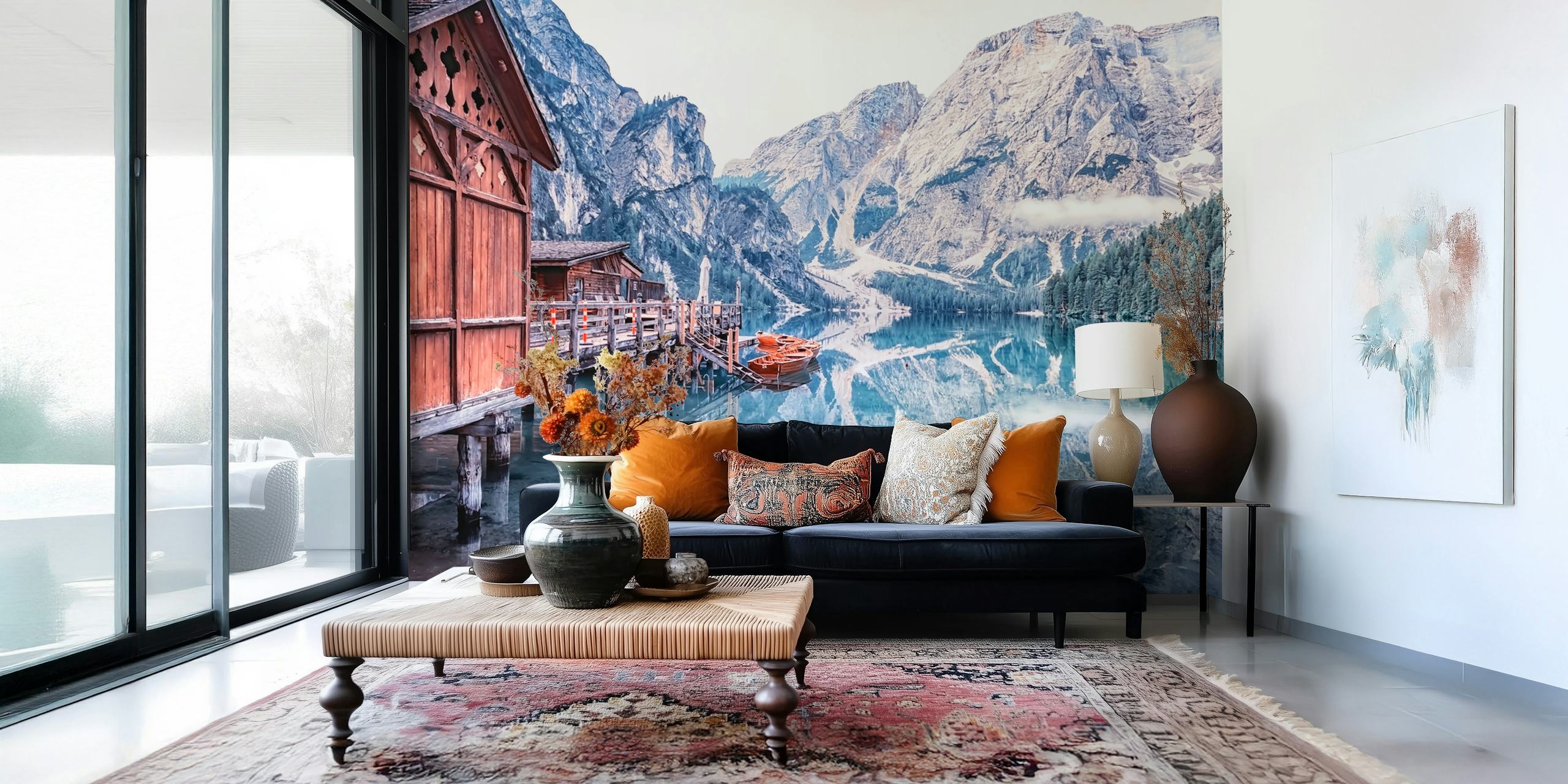 Mountain lake reflection with wooden cabin and boats wallpaper