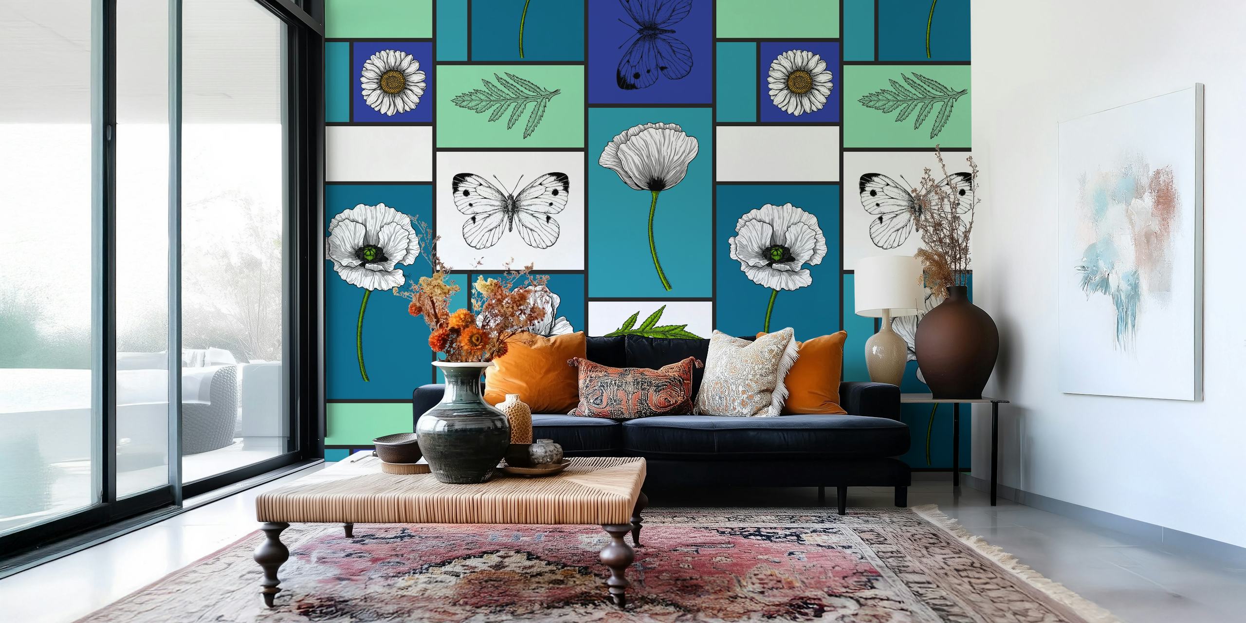 Colorful wall mural of poppies, daisies, and butterflies in a geometric pattern
